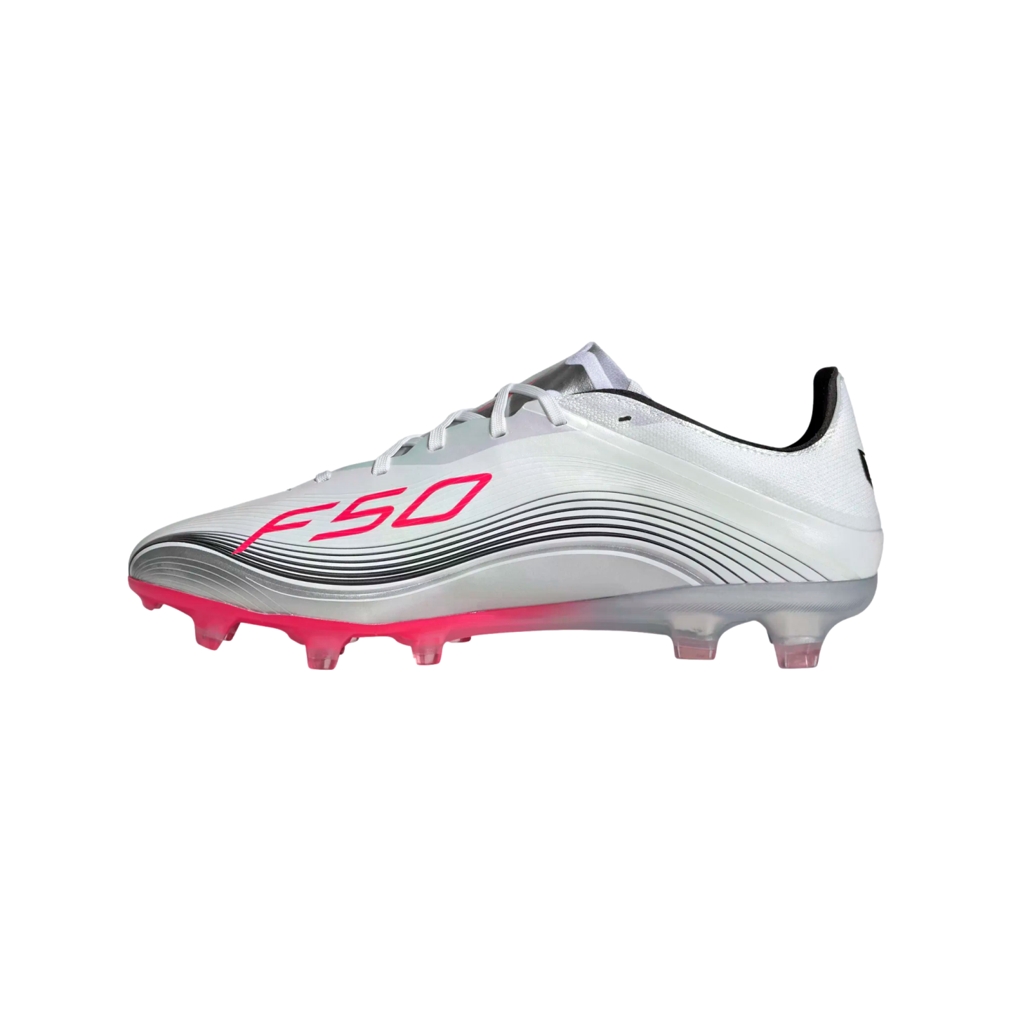 Profile view of a white F50 soccer cleat with a pink logo, black curved graphics, and pink studs against a white background.