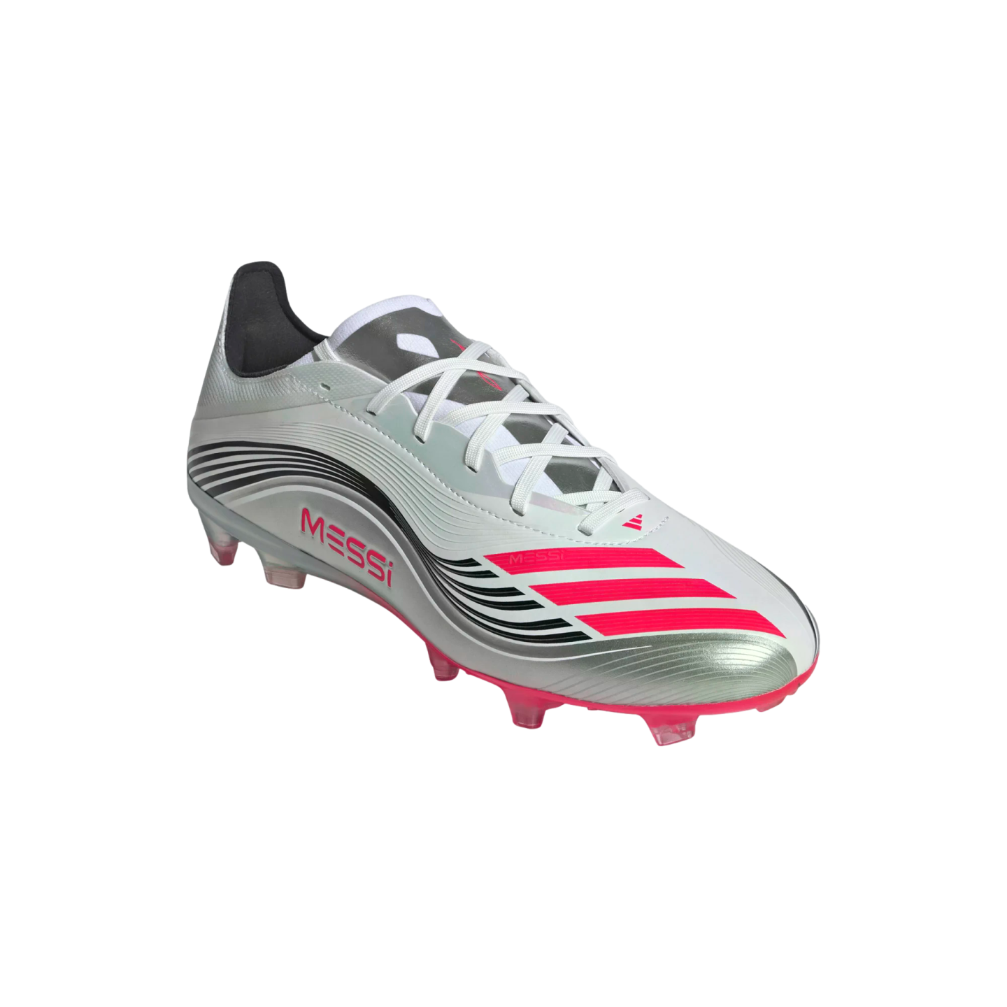 Silver and pink Adidas Messi soccer cleat featuring a metallic finish, pink three-stripes on the toe, and the word "MESSI" on the side.