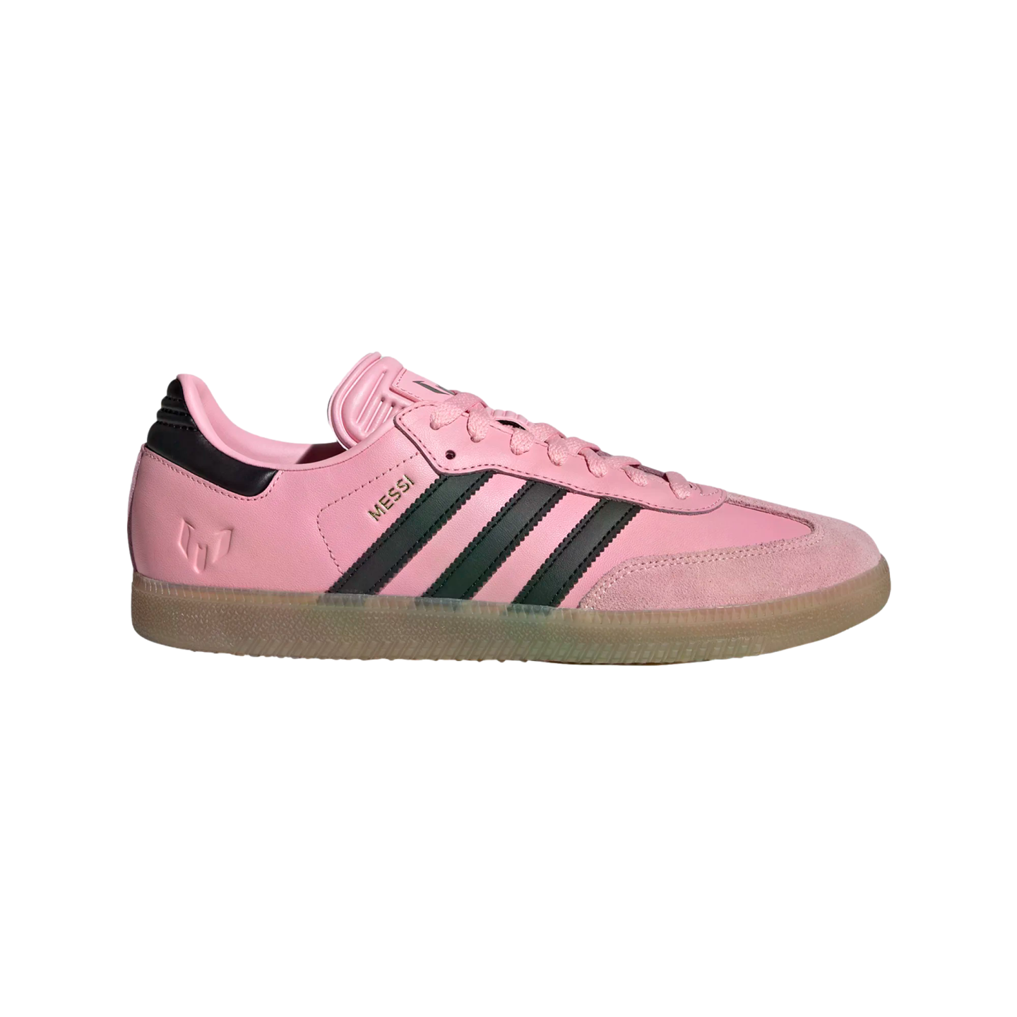 Side profile of a pink Adidas Samba sneaker with black stripes, a gum sole, and "MESSI" in gold lettering on the side.