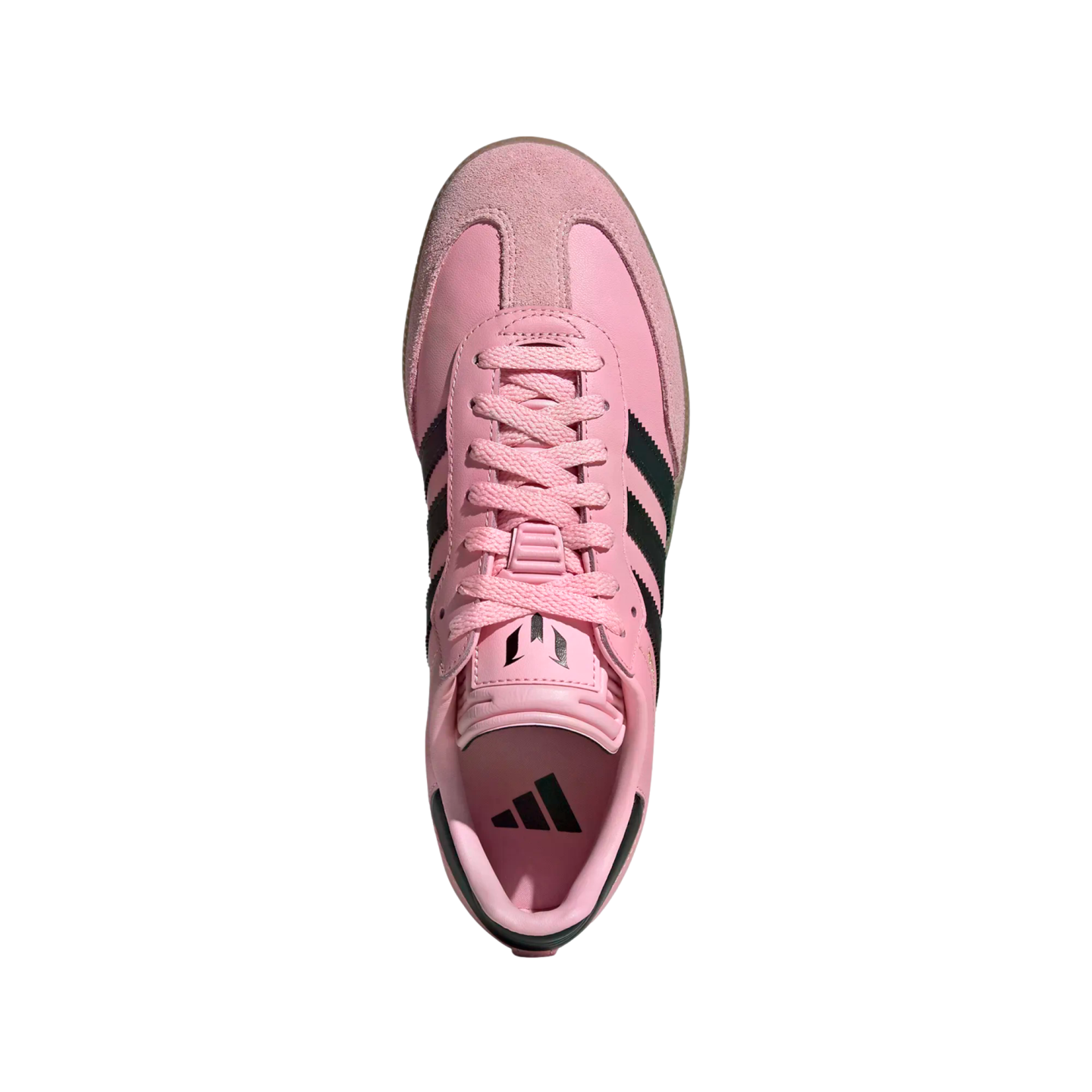 Top-down view of a pink Adidas sneaker with black stripes and pink laces, featuring the Messi "M" logo on the tongue, isolated on a white background.