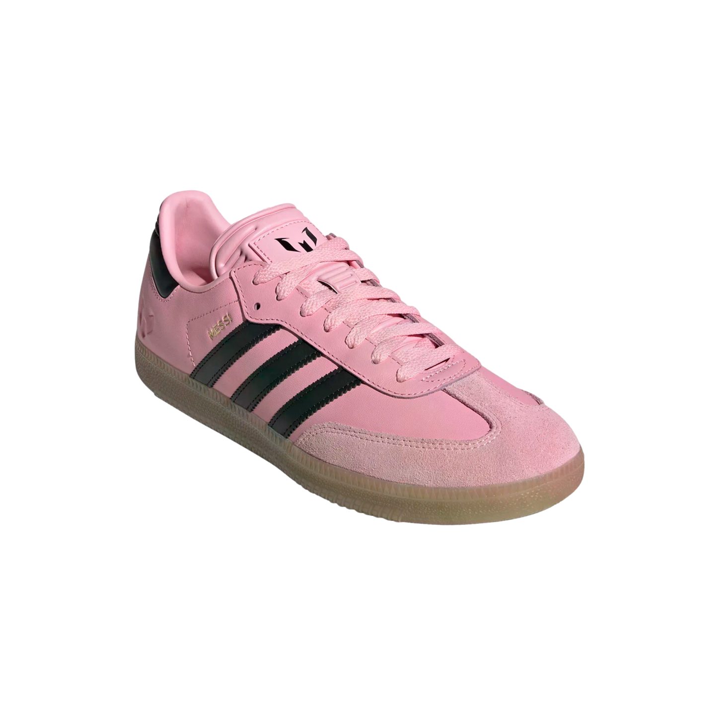 Pink Adidas Messi Samba sneaker with black stripes and a gum sole.