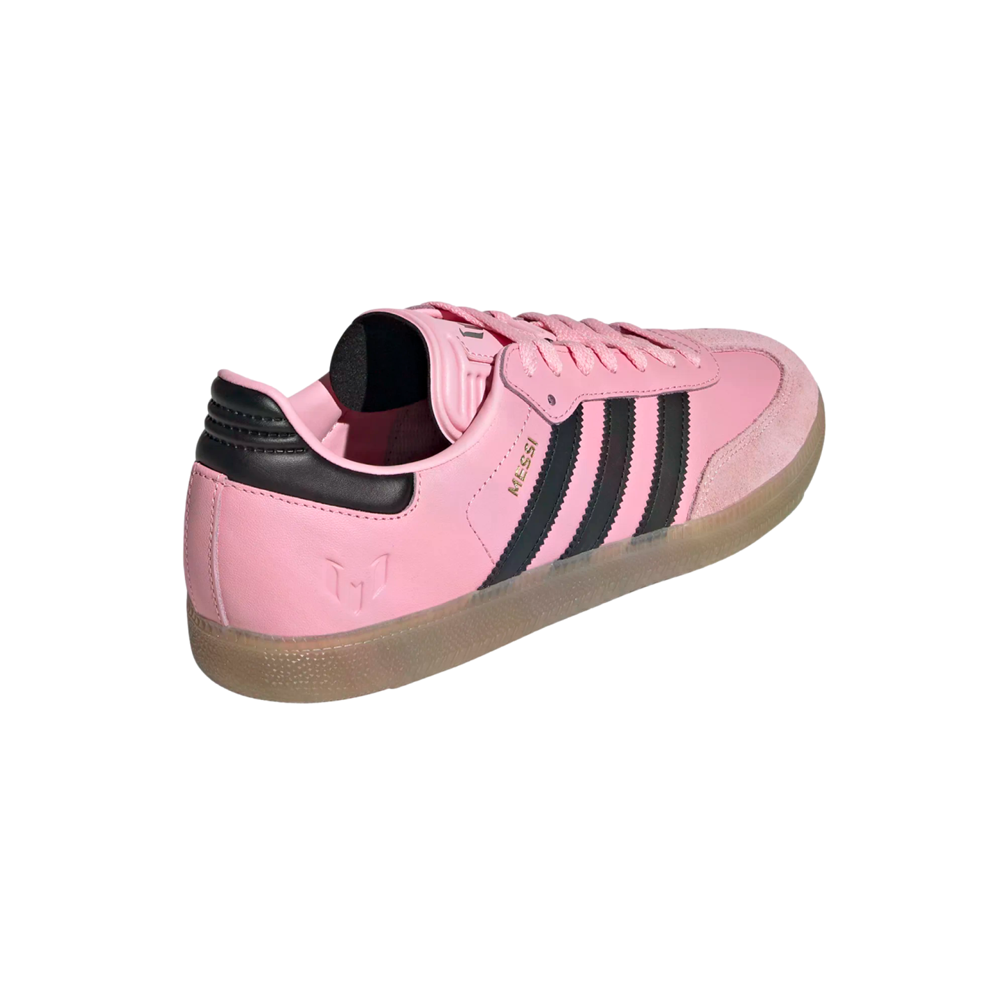 Rear three-quarter view of a pink Adidas Messi Samba sneaker with black stripes and a translucent gum sole against a white background.
