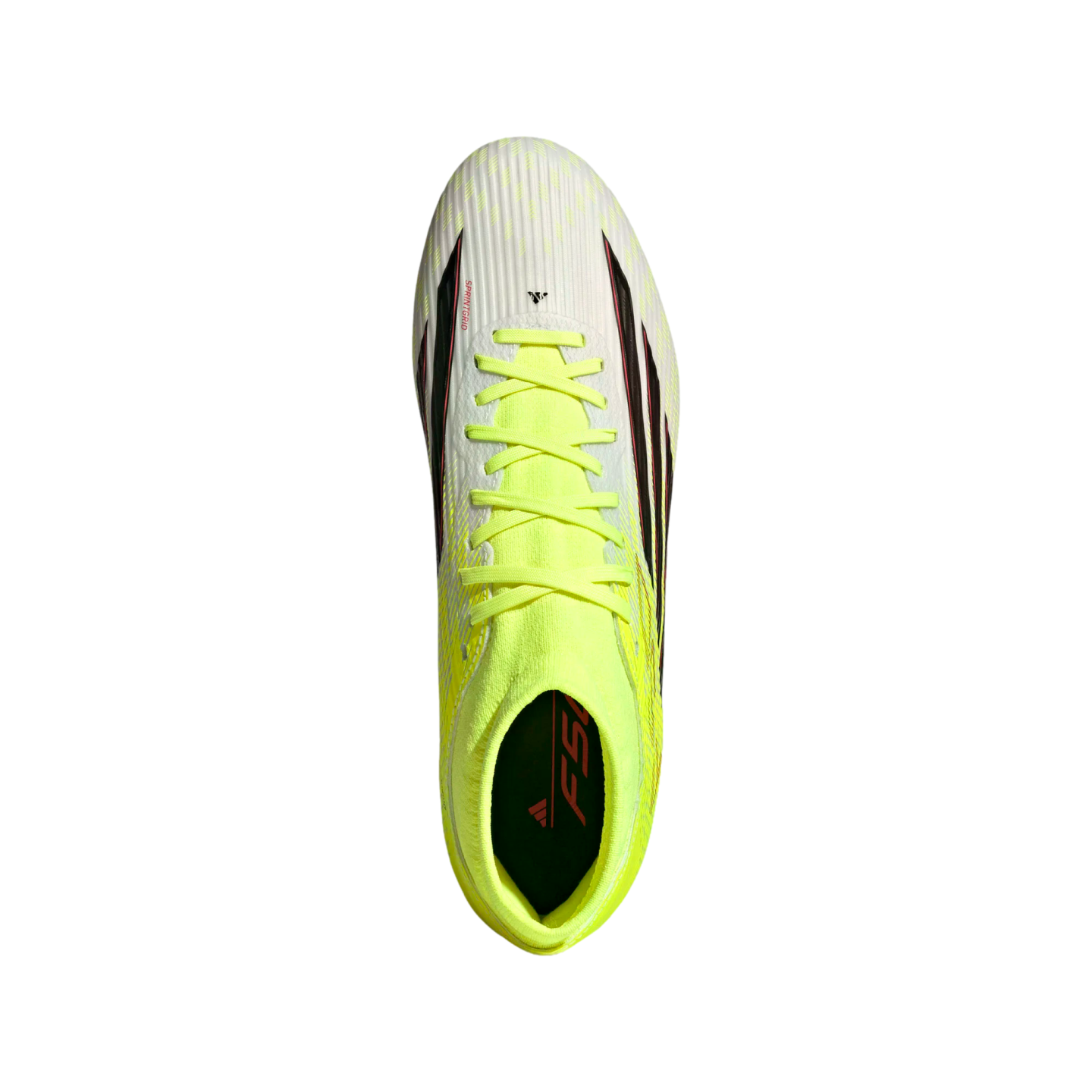 Top-down view of a white and neon yellow Adidas F50 soccer cleat with neon laces, centered against a solid black background.