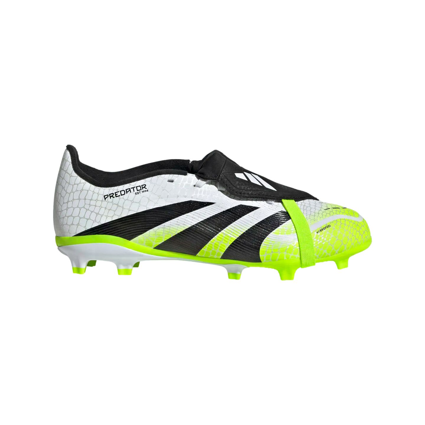 Adidas Predator soccer cleat featuring a white and neon yellow textured upper, three angled black stripes, a black fold-over tongue, and neon yellow studs.