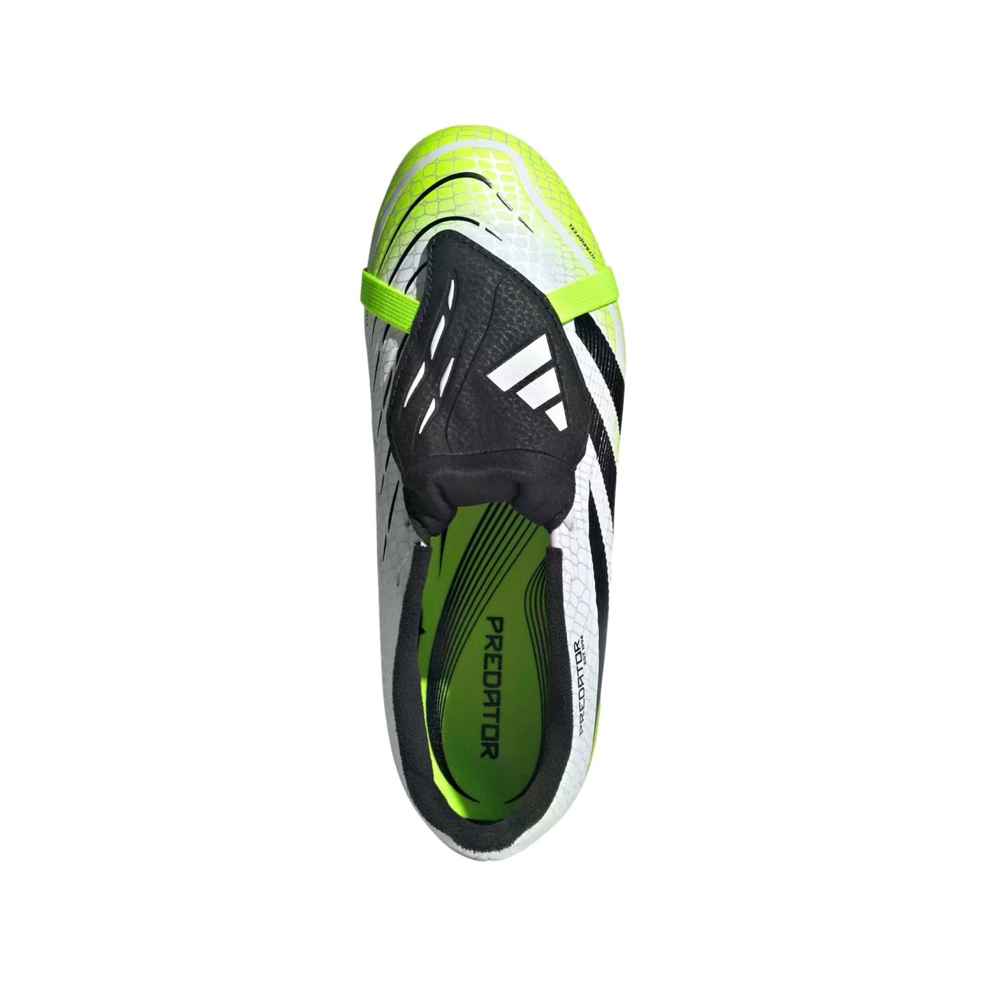 Top-down view of a white, black, and neon yellow Adidas Predator soccer boot with a fold-over tongue, set against a solid black background.