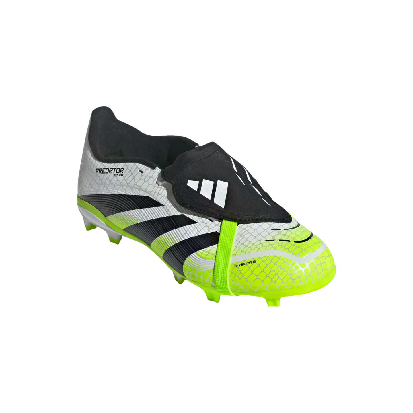 Adidas Predator soccer cleat featuring a white, black, and neon green textured upper with a classic fold-over tongue.