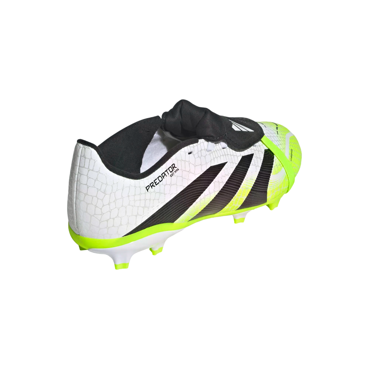 White and lime green Adidas Predator soccer cleat with black stripes, a scale-textured upper, and a fold-over tongue.