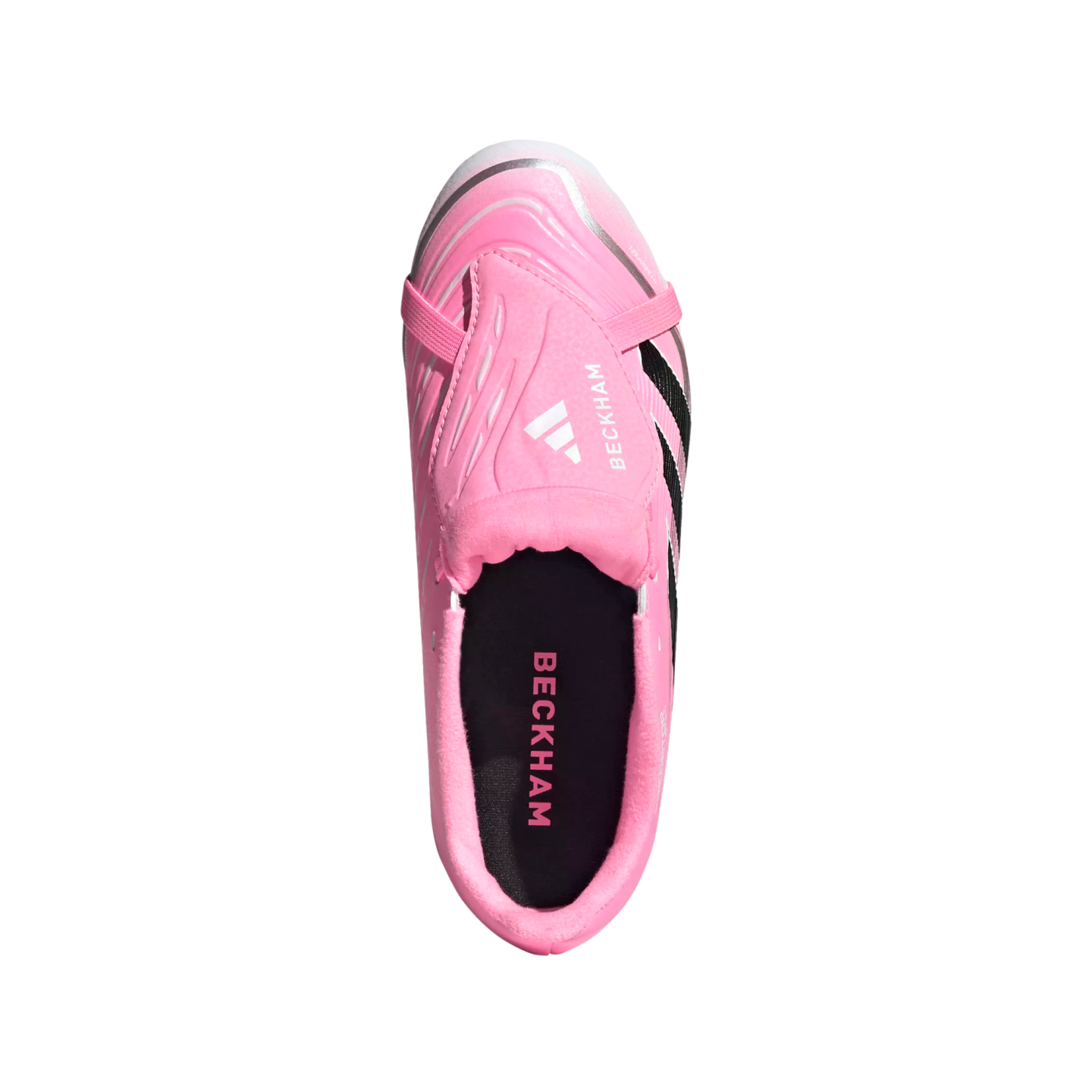 Top-down view of a bright pink Adidas Beckham soccer cleat against a black background, with "BECKHAM" branding visible on the tongue and insole.