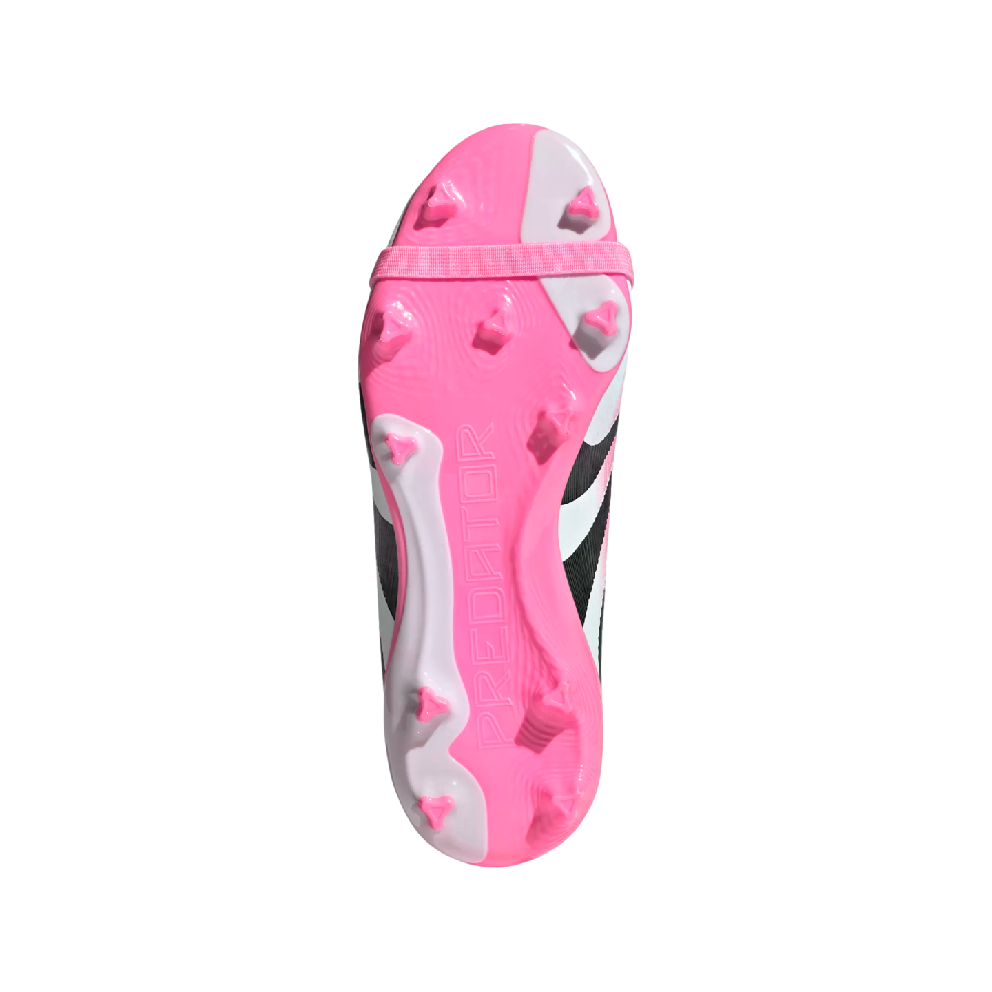 Sole view of a pink and white Adidas Predator soccer cleat, featuring triangular pink studs, an elastic strap across the forefoot, and "PREDATOR" embossed vertically in the center.