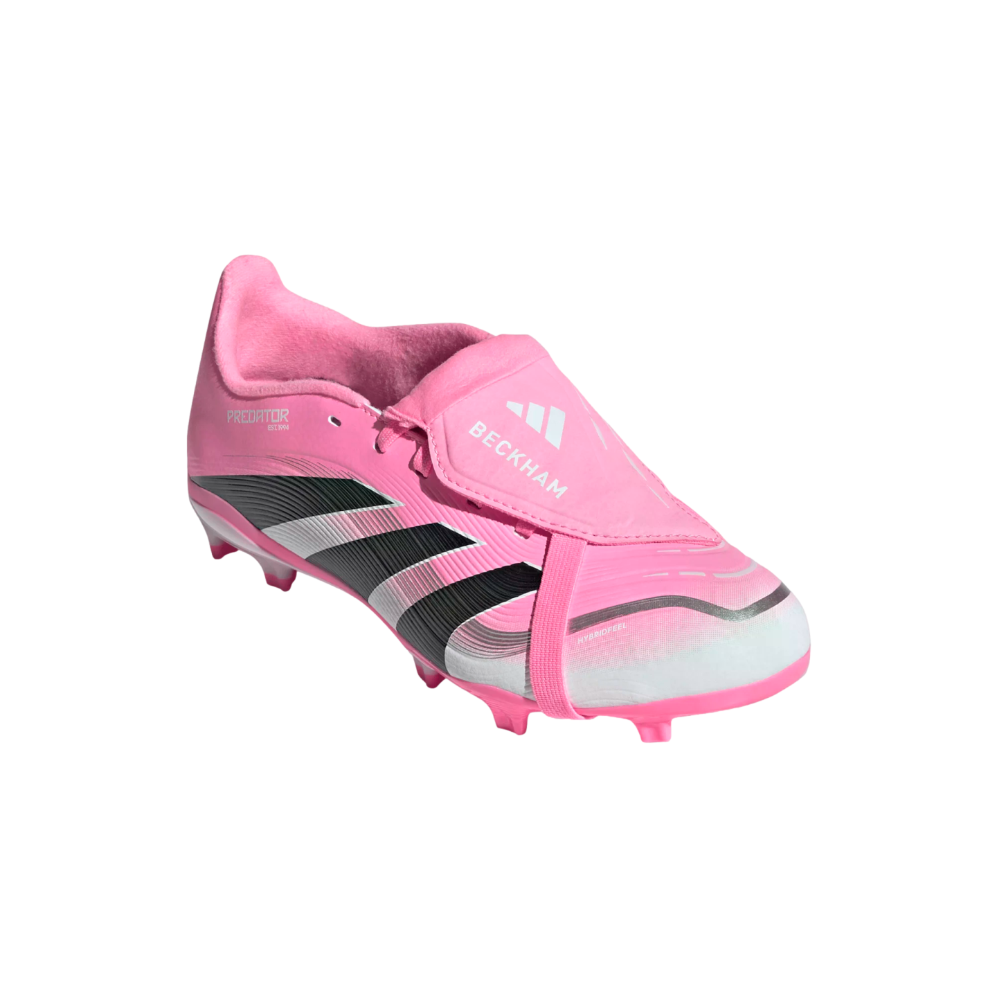 A pink Adidas Predator Beckham soccer cleat with a fold-over tongue and black stripes, set against a solid black background.