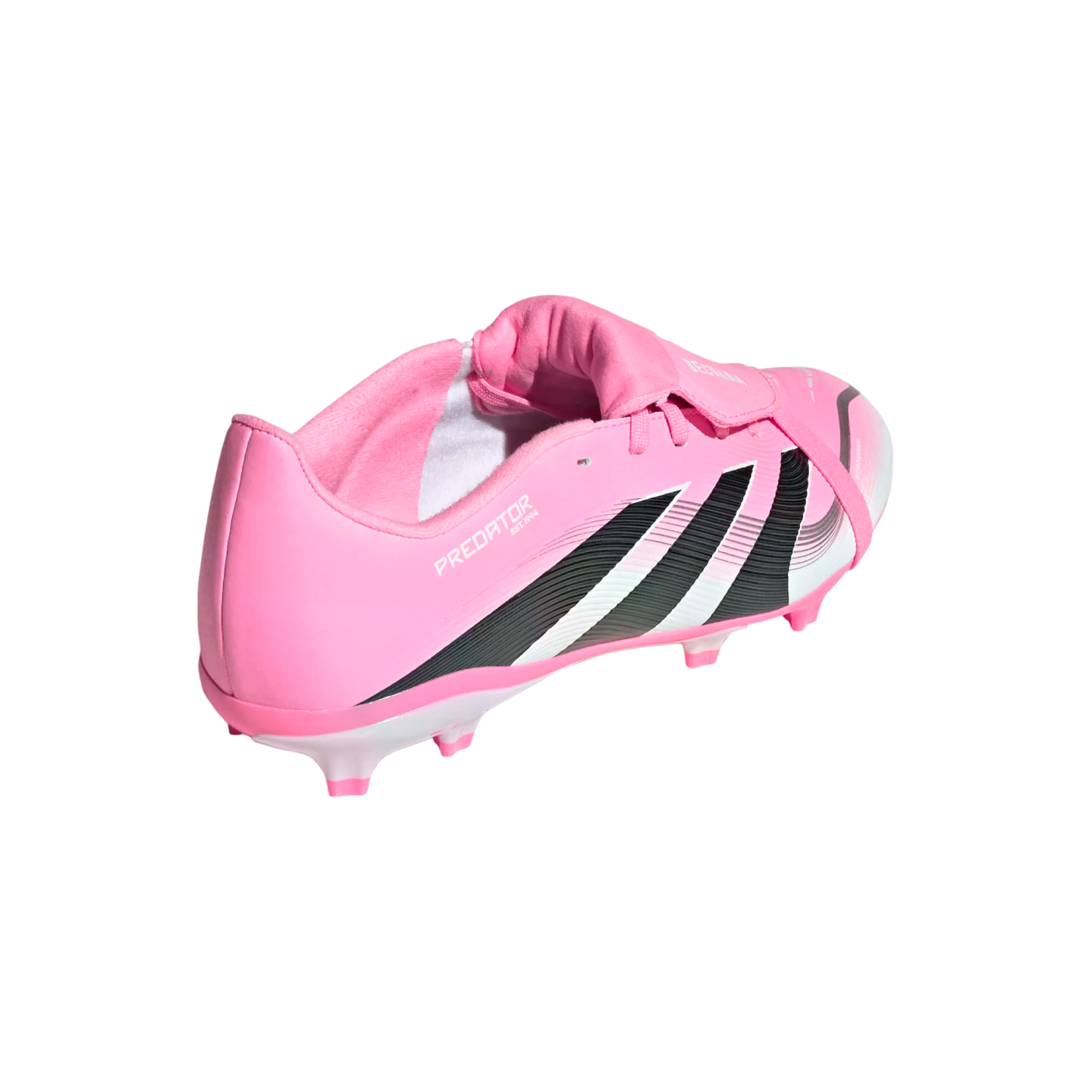 A rear-side view of a pink Adidas Predator soccer cleat with black stripes and a white base, displayed against a black background.