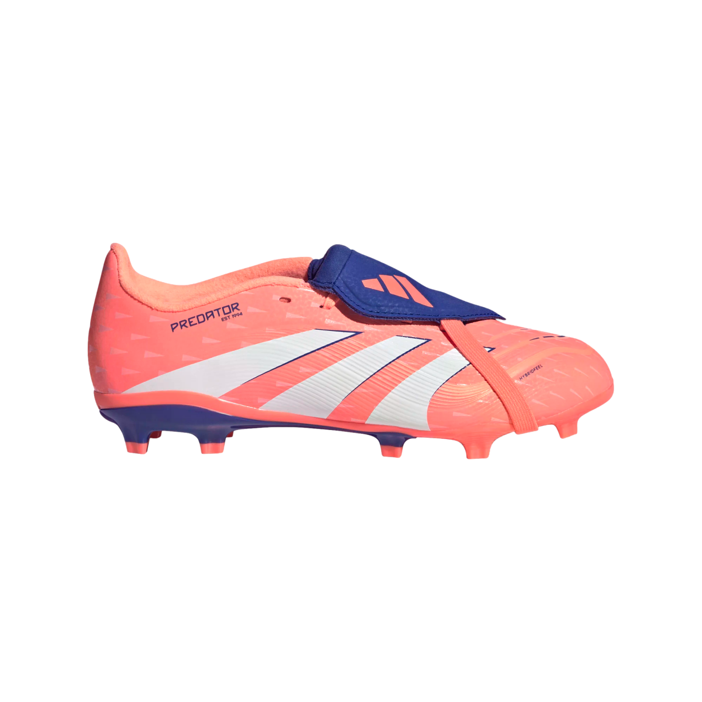 A coral-colored Adidas Predator football boot with a blue fold-over tongue, white diagonal stripes, and firm ground studs on the sole.