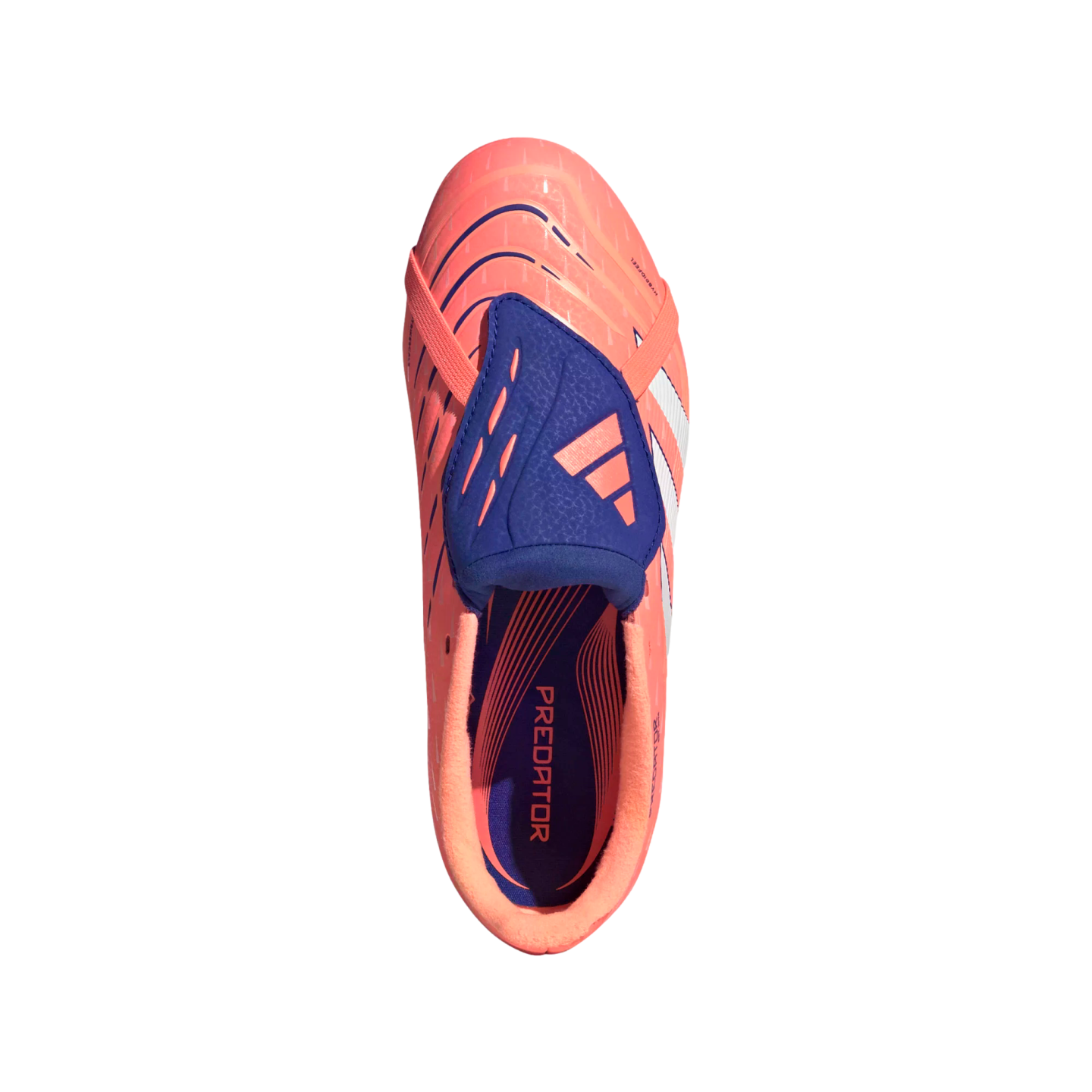 Top-down view of a coral Adidas Predator soccer cleat with a blue fold-over tongue and white stripes against a black background.