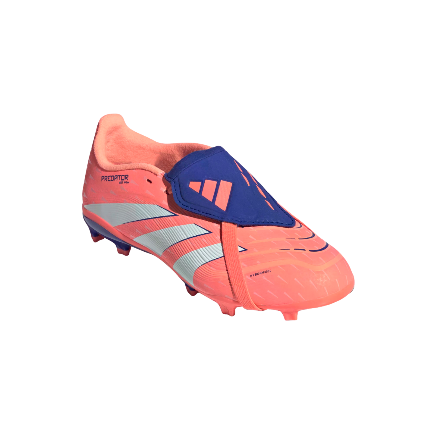 An Adidas Predator soccer cleat in bright pink with a blue fold-over tongue and white stripes on a black background.