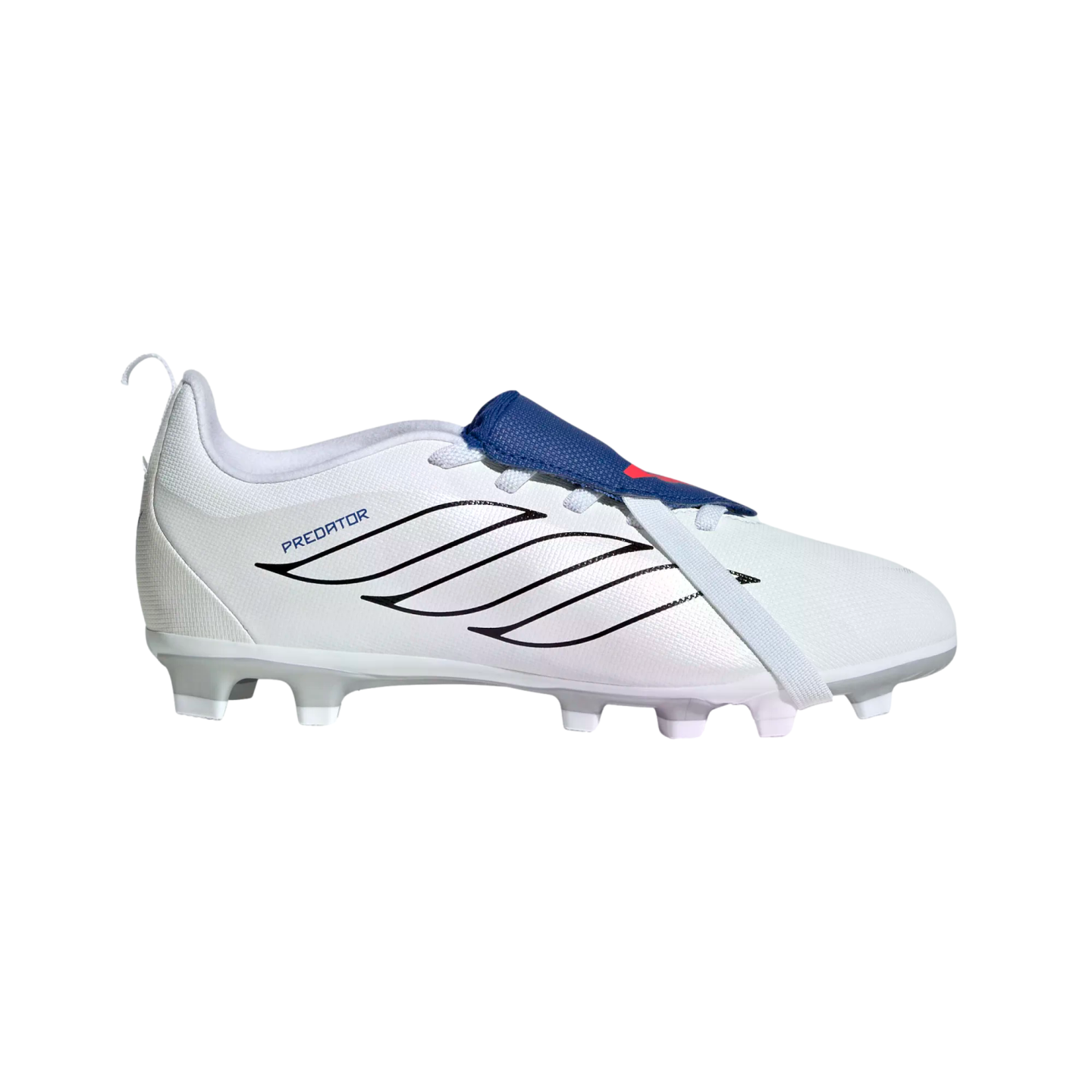Side profile of a white Adidas Predator soccer cleat with a blue fold-over tongue and black side stripes, shown on a black background.