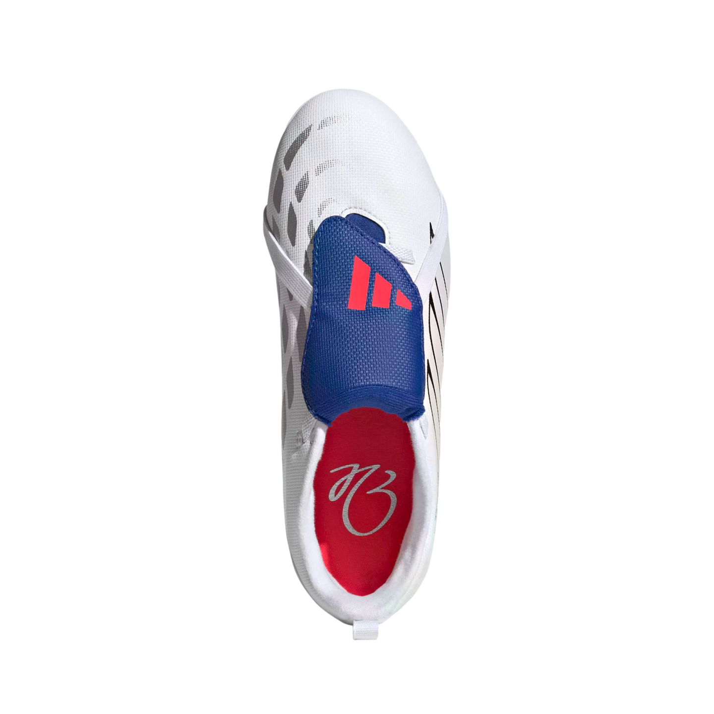 Top-down view of a white Adidas shoe with a blue lace cover and red stripes. The red interior features a white signature. Set against a solid black background.
