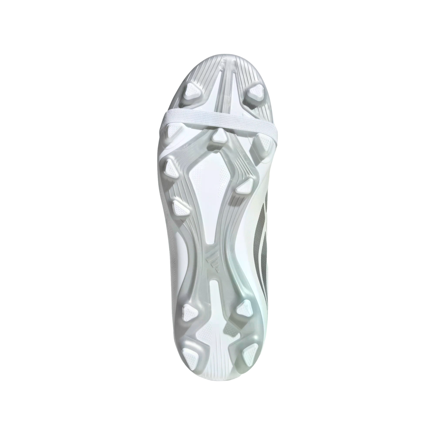 Bottom view of a white soccer cleat with clear studs and an elastic forefoot strap, set against a solid black background.