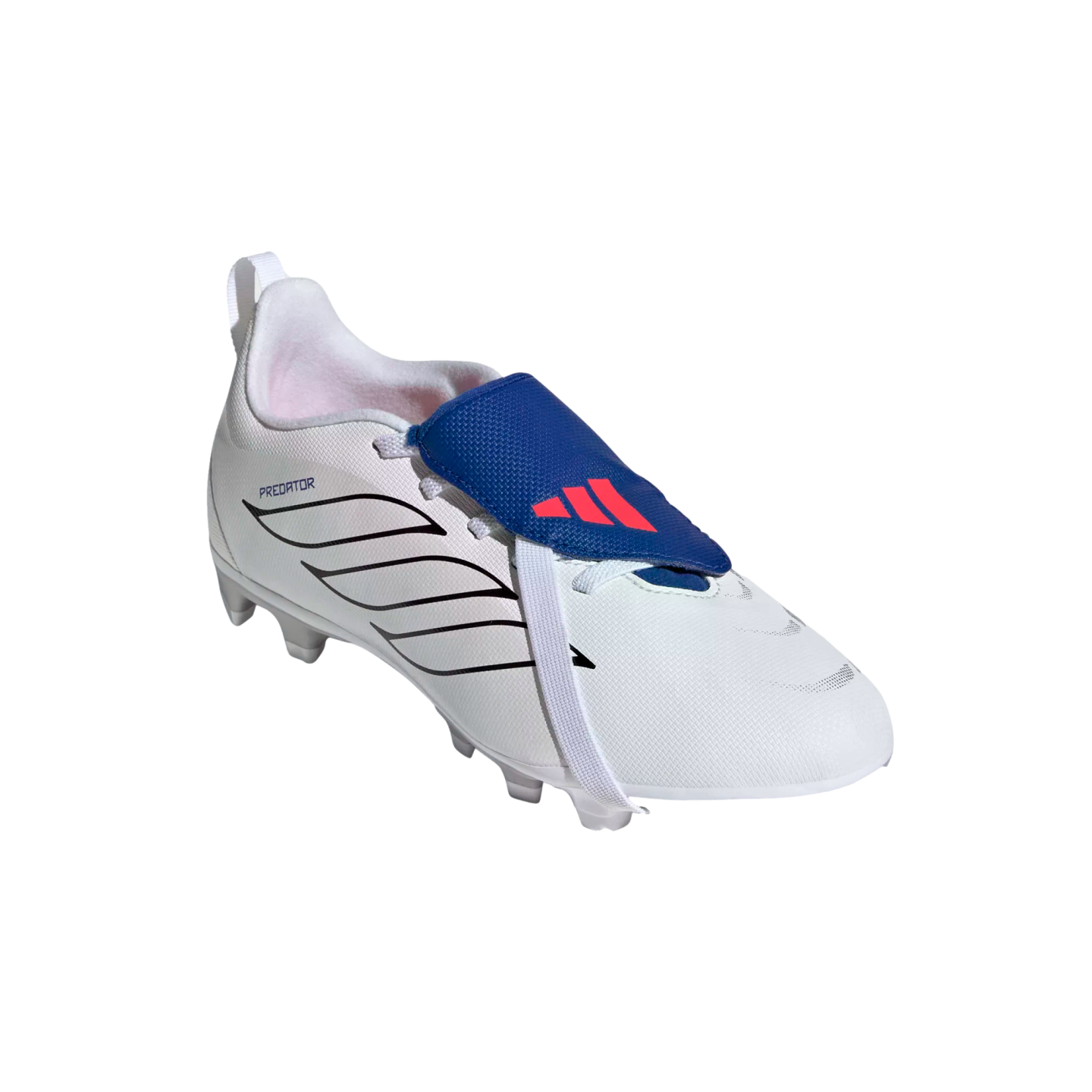 A white Adidas Predator soccer cleat with a blue fold-over tongue, red logo, and black side stripes, shown against a black background.