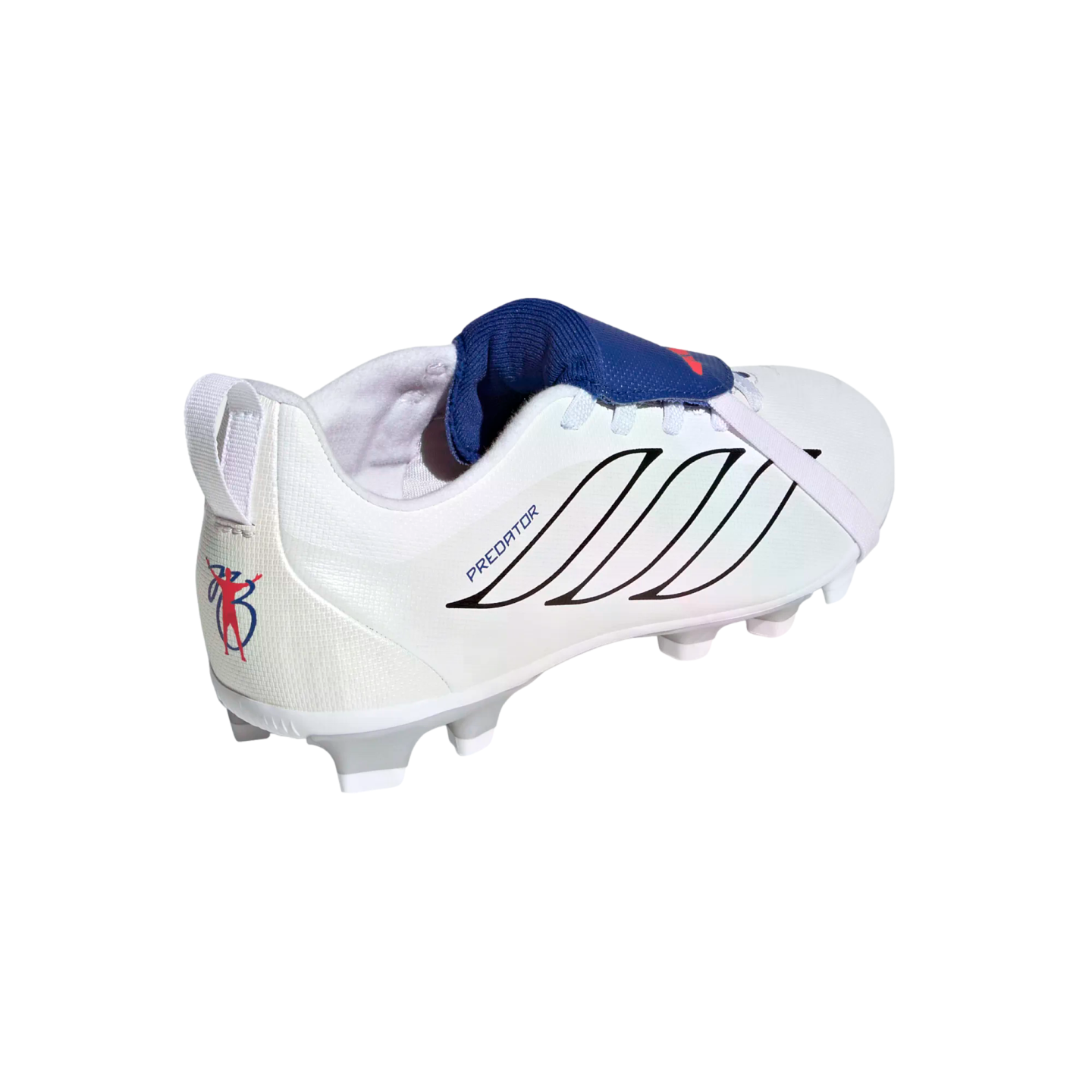 White Adidas Predator soccer shoe with black stripes, blue tongue, and red/blue heel logo, shown from a rear-side angle on a black background.