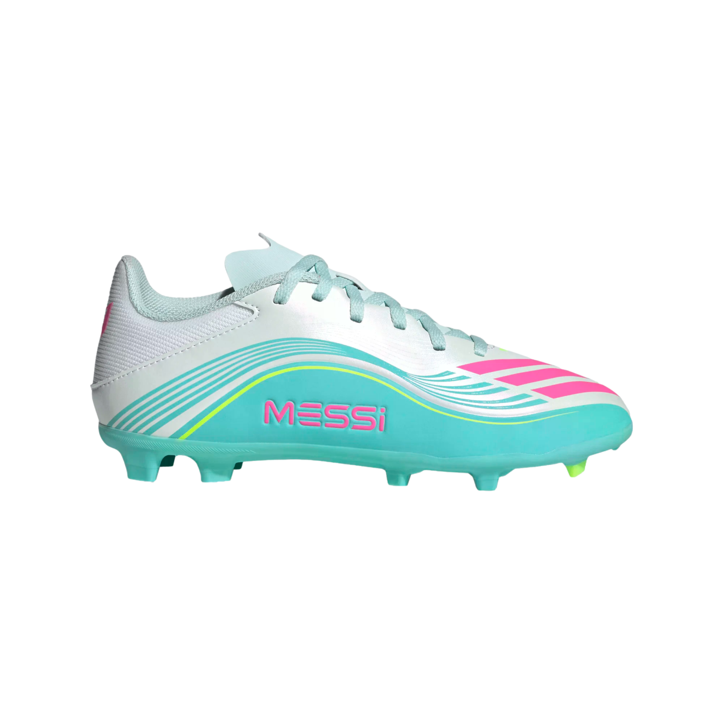 White and light blue Adidas Messi soccer cleat with pink accents. Features the "MESSI" name on the side and a molded turquoise sole with studs.