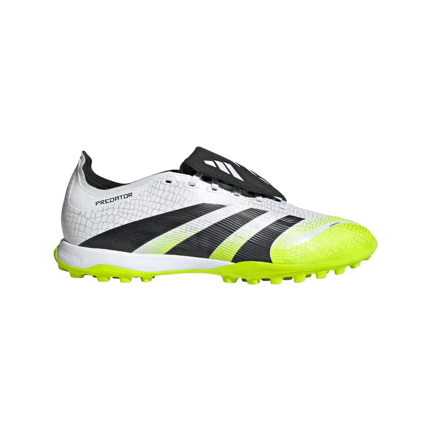 Side view of an Adidas Predator soccer shoe in white, black, and neon green with a textured upper and studded turf sole.
