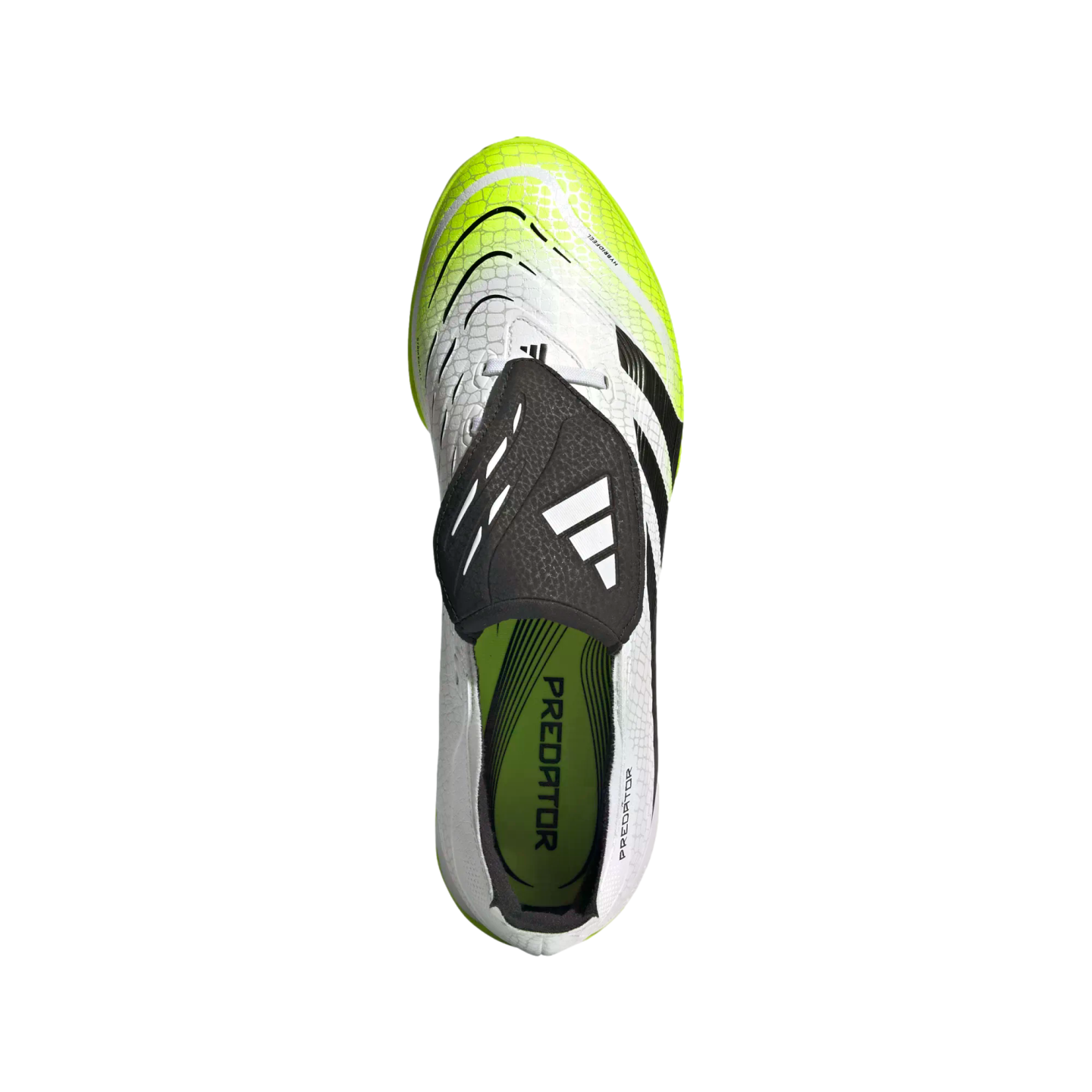 Overhead view of an Adidas Predator soccer cleat in white, black, and lime green with a fold-over tongue, centered on a black background.