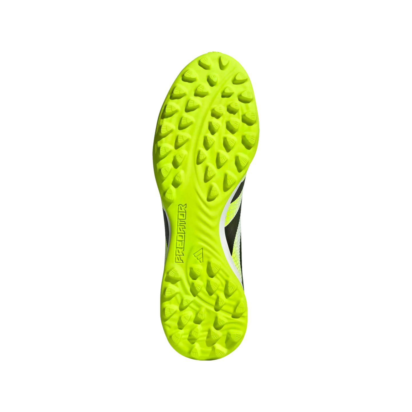 Underside of a neon green Adidas Predator turf soccer shoe showing the stud pattern and branding against a black background.