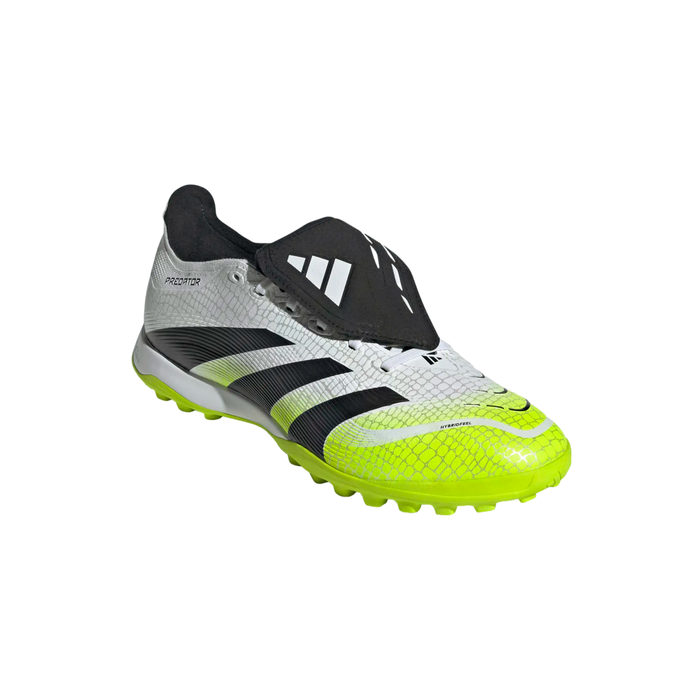 Adidas Predator turf soccer shoe featuring a silver and lime green textured upper, three black stripes, and a black fold-over tongue with white logo.