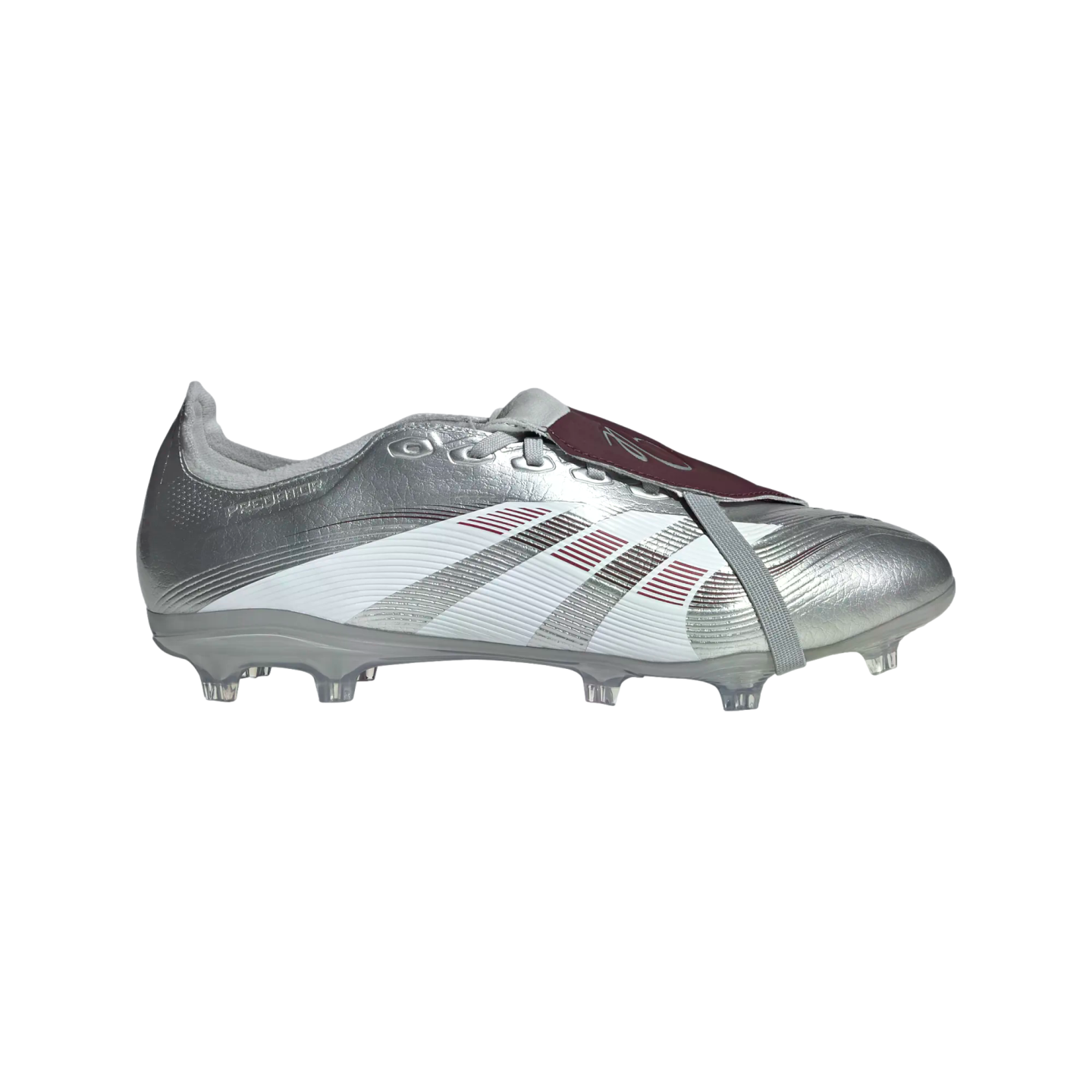 A silver Adidas Predator soccer cleat with maroon and white accents, featuring a fold-over tongue and metallic finish.