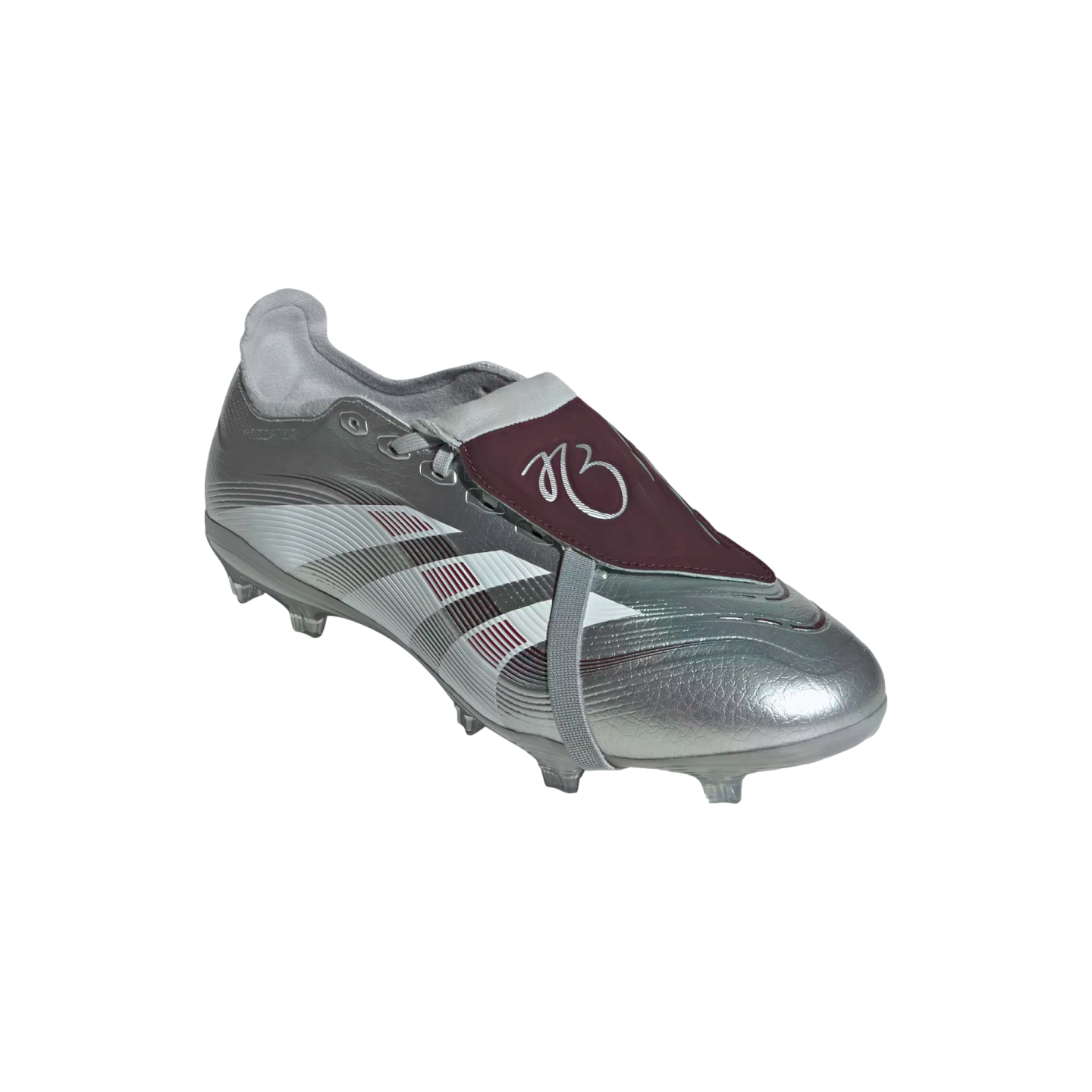 Silver metallic soccer cleat with a maroon fold-over tongue and maroon/white stripes, isolated on a white background.