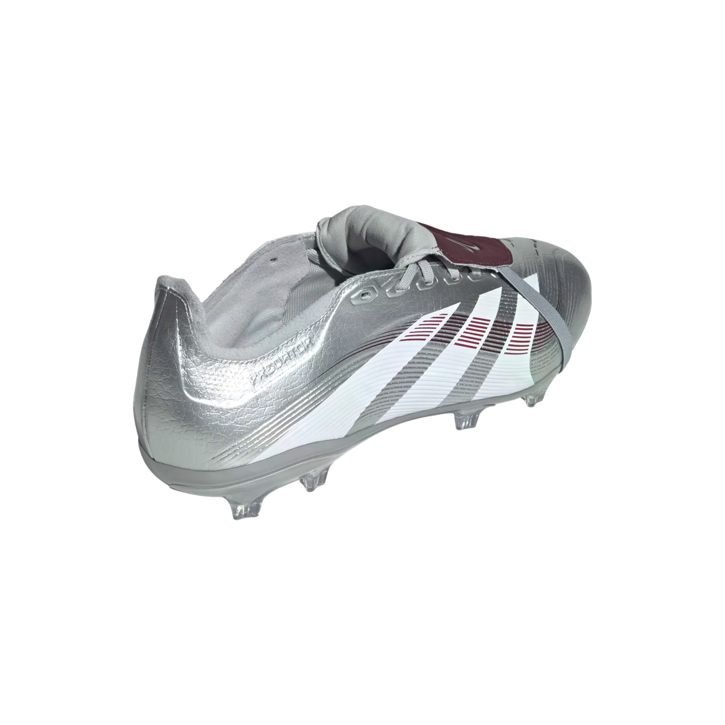 A silver and white adidas Predator soccer cleat with maroon accents, shown from a side-rear angle against a white background.