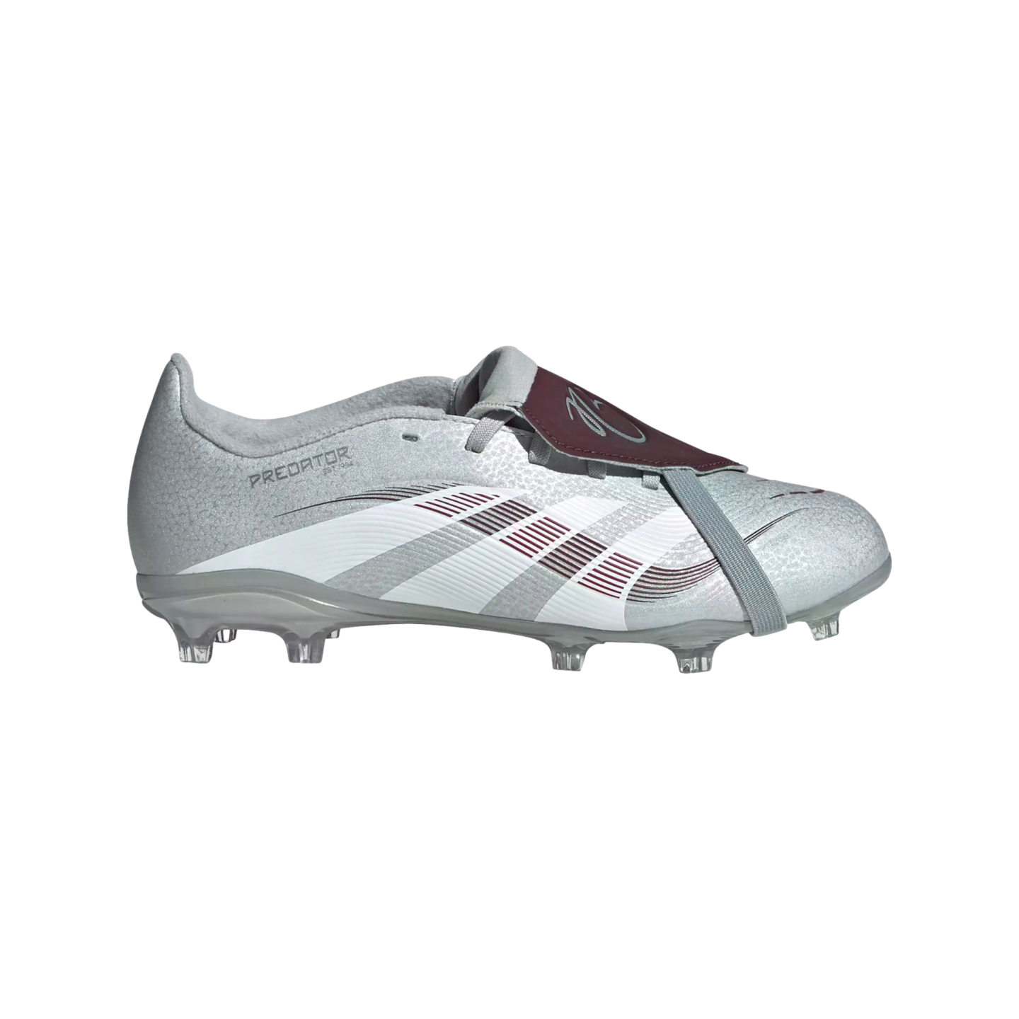 Silver Adidas Predator soccer cleat with a burgundy fold-over tongue and white stripes, shown in side profile on a white background.