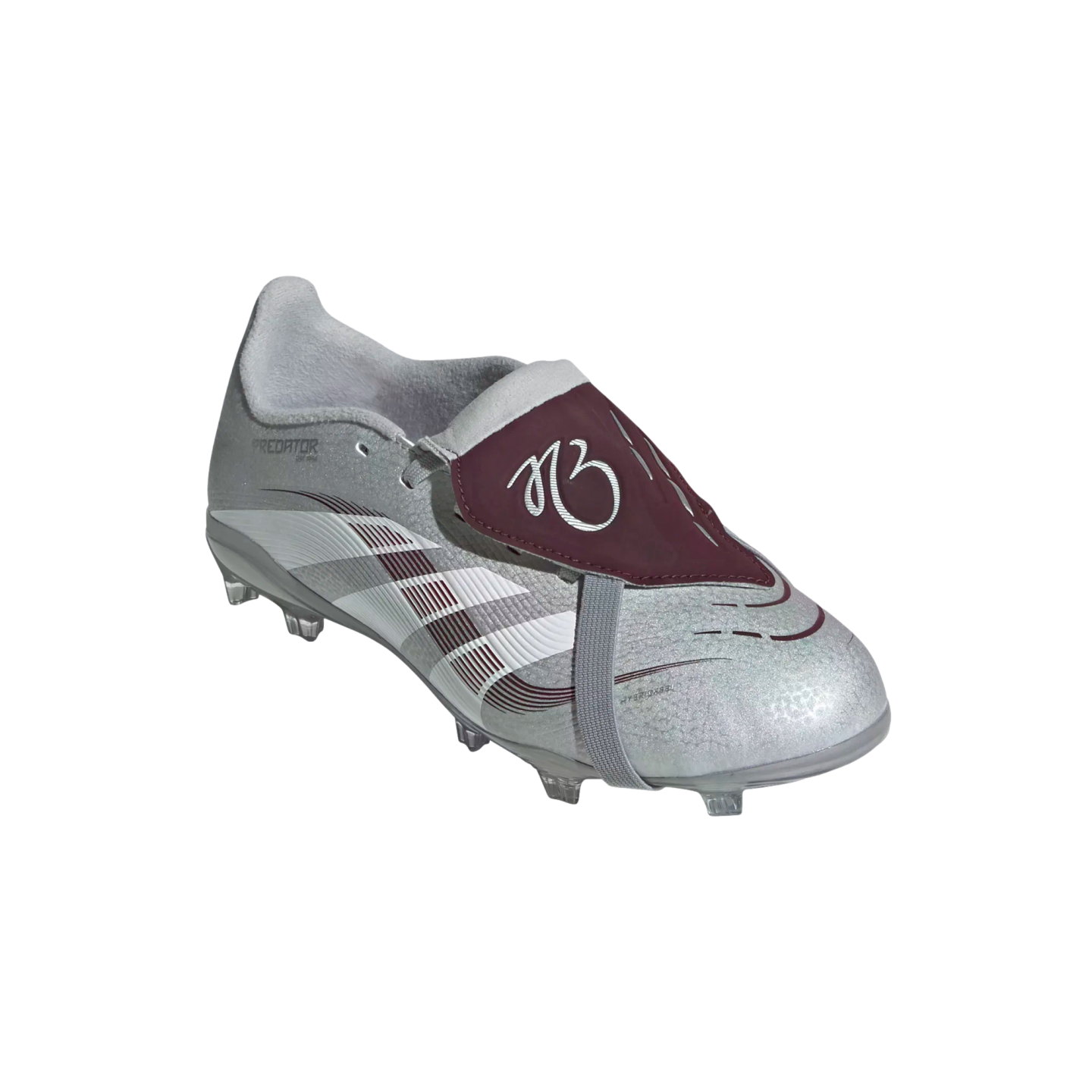 Silver Adidas Predator soccer cleat with a maroon fold-over tongue, white and maroon striped side graphics, and clear studs on a white background.