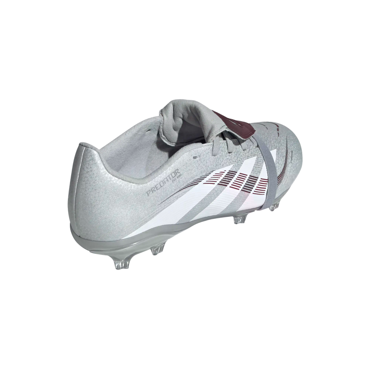 Rear-side view of a silver Adidas Predator soccer cleat featuring maroon accents and white stripes on a white background.