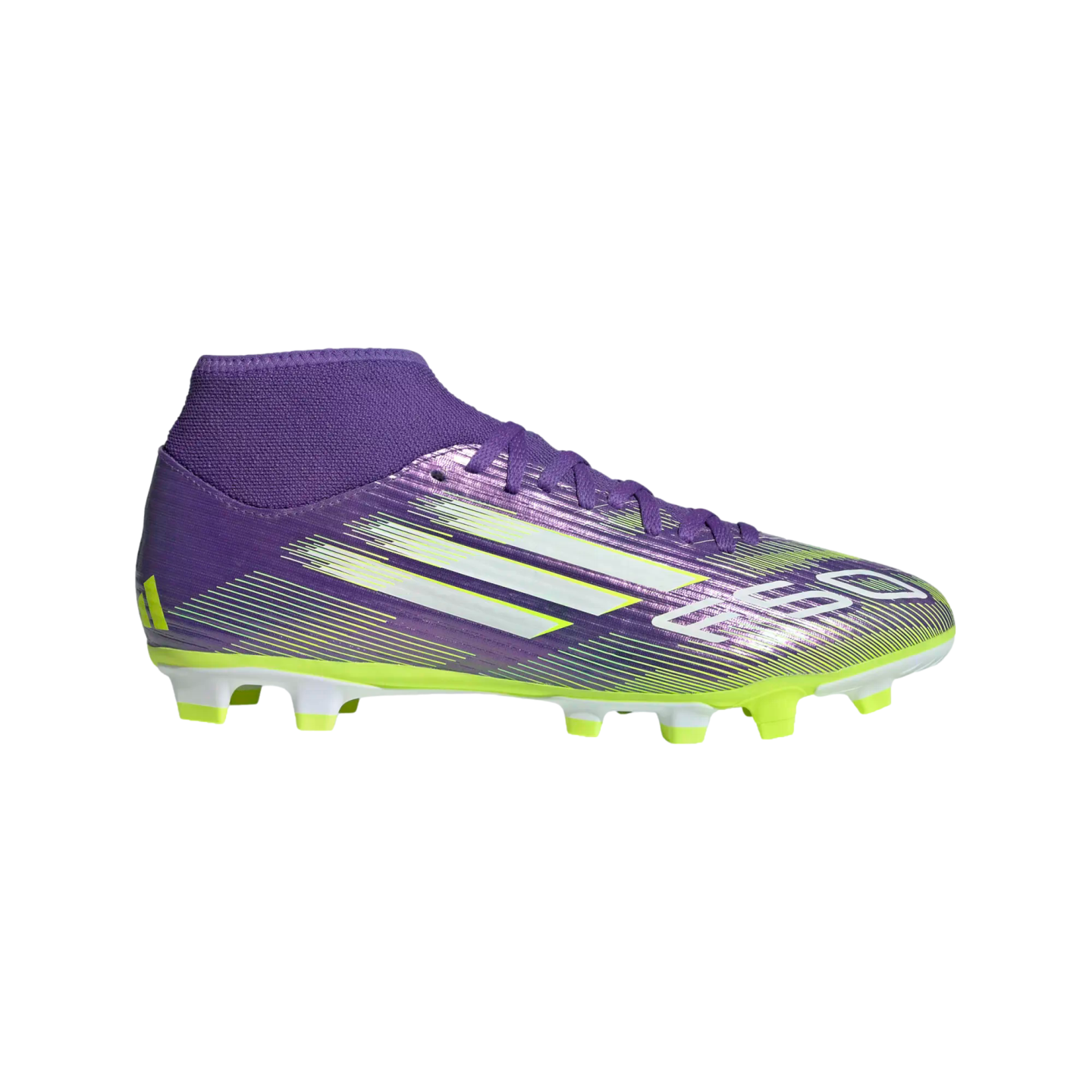 Purple and lime green Adidas F50 soccer cleat with a mid-cut collar and white stripes.