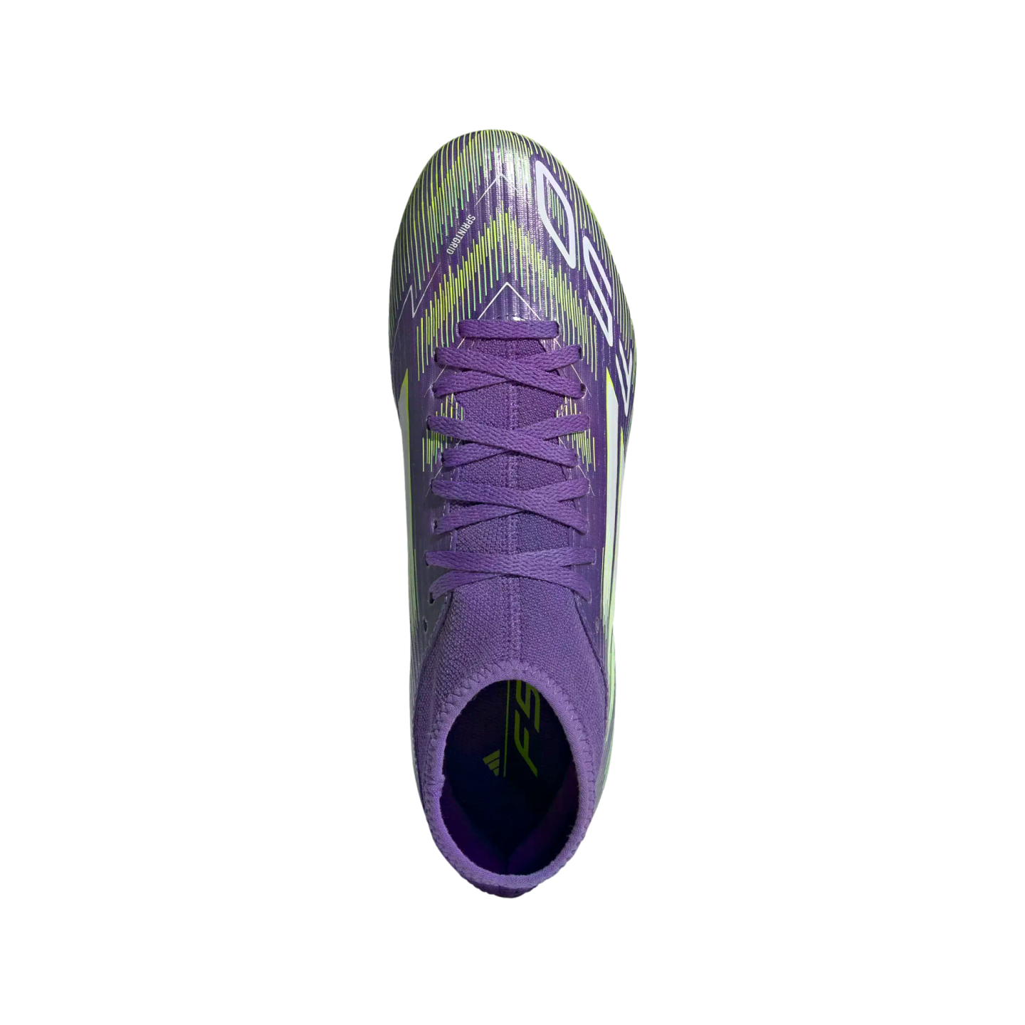 Top-down view of a purple Adidas F50 soccer cleat with lime green accents and purple laces, isolated on a black background.