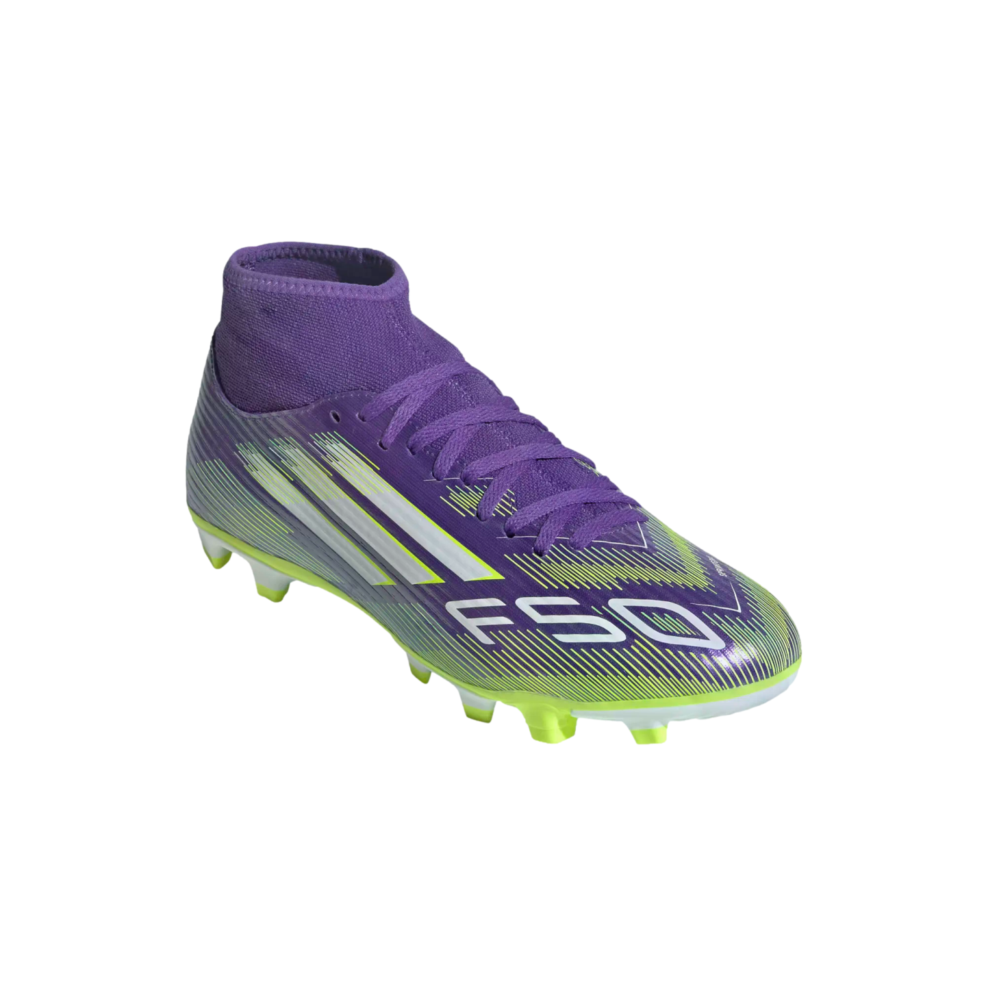 A purple and lime green Adidas F50 soccer cleat with a high-top sock collar and white stripes, shown against a black background.