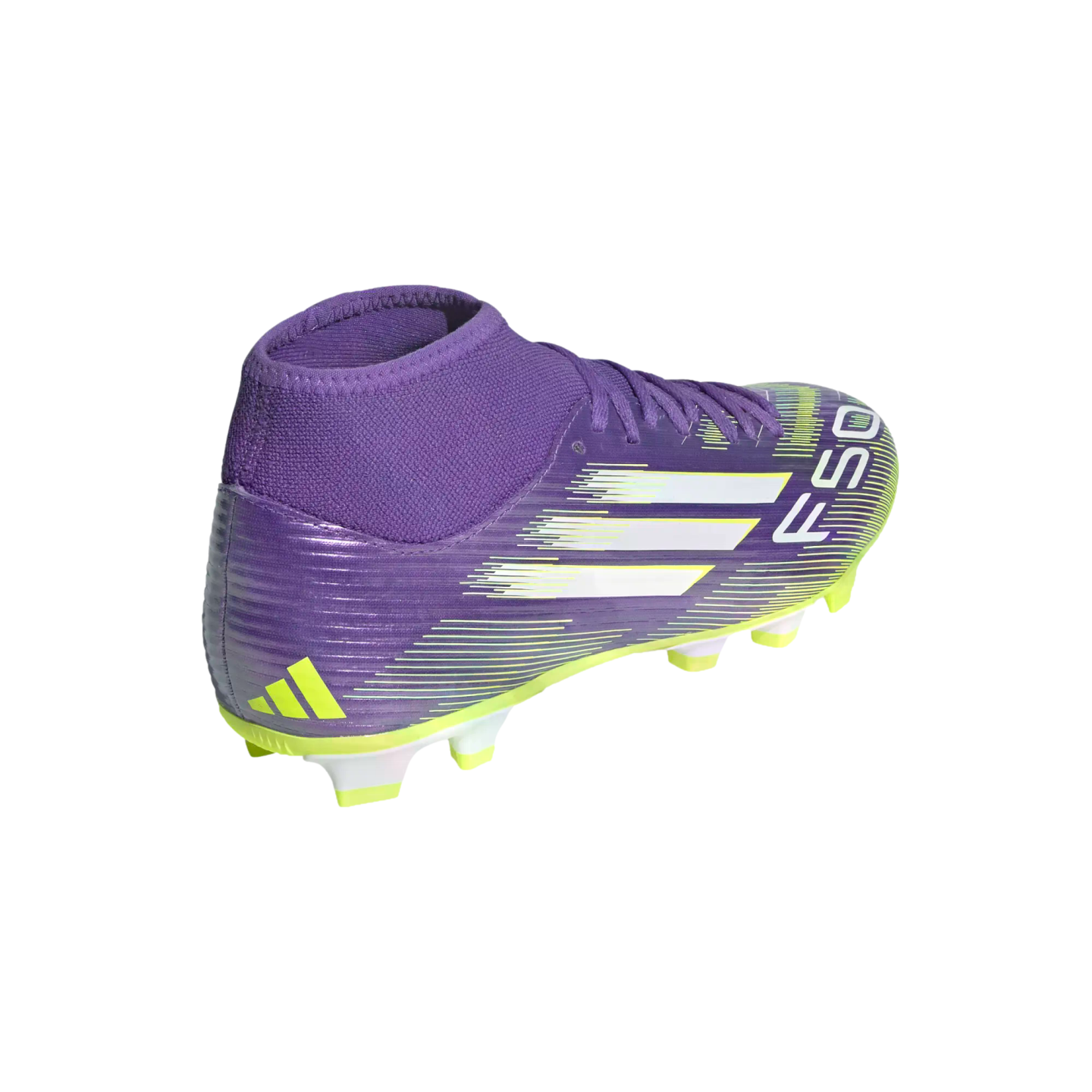 A purple Adidas F50 soccer cleat with white stripes and lime green accents, shown from a side-rear angle against a solid black background.