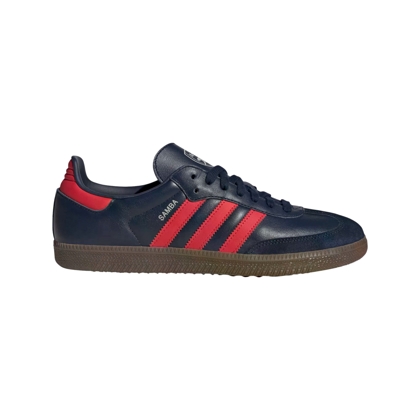 Profile view of a navy blue Adidas Samba sneaker with three red stripes and a gum sole.