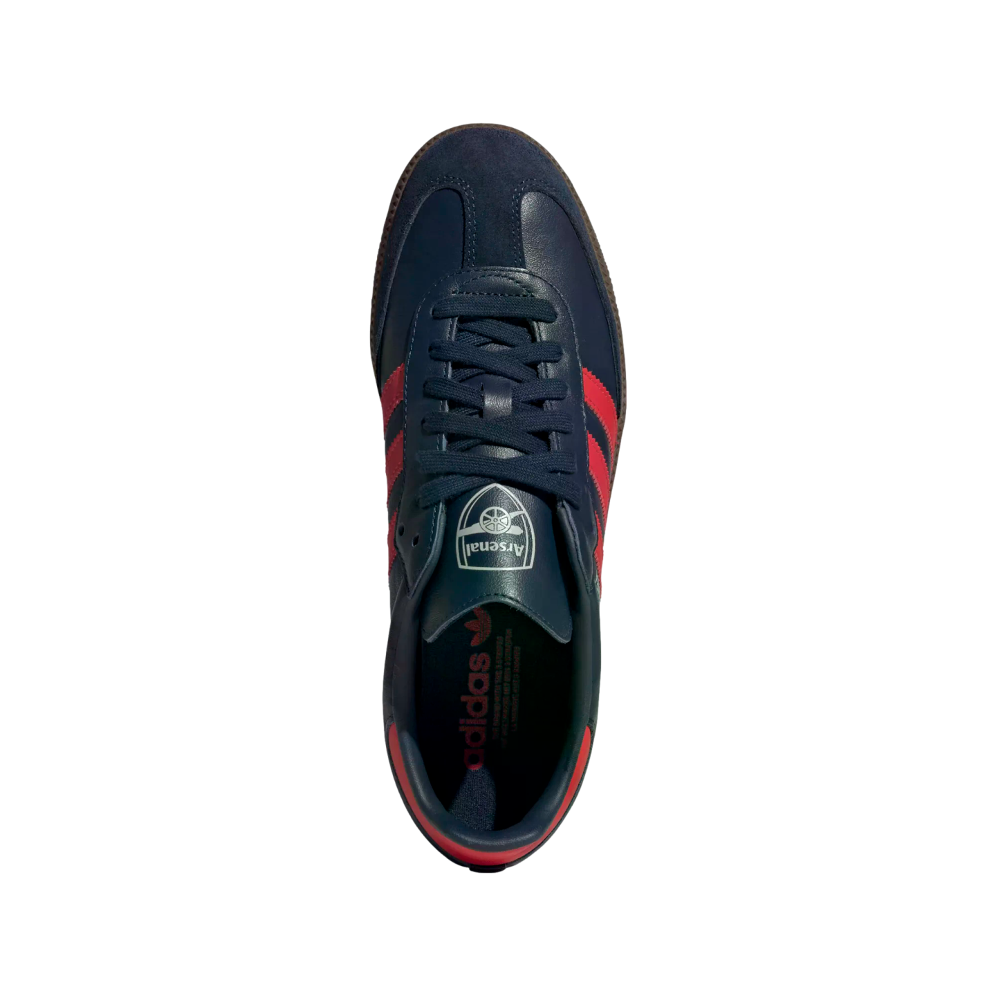 Top-down view of a navy blue and red Adidas sneaker featuring the Arsenal football club crest on the tongue.