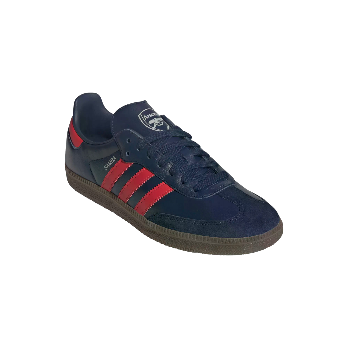 A navy blue Adidas Samba shoe with three red stripes and gum rubber sole, featuring the Arsenal FC crest on the tongue.