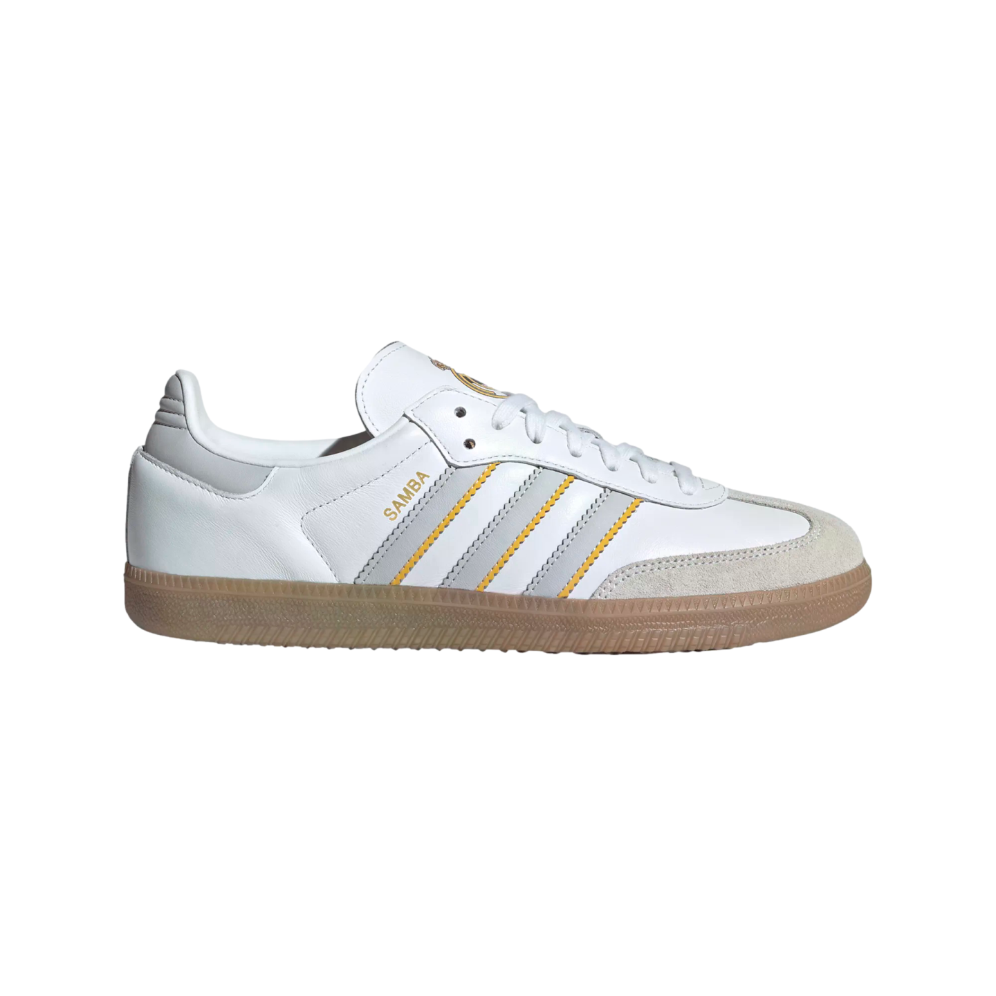 Adidas Samba sneaker in white leather with grey and yellow stripes, a grey suede toe, and a gum rubber sole.