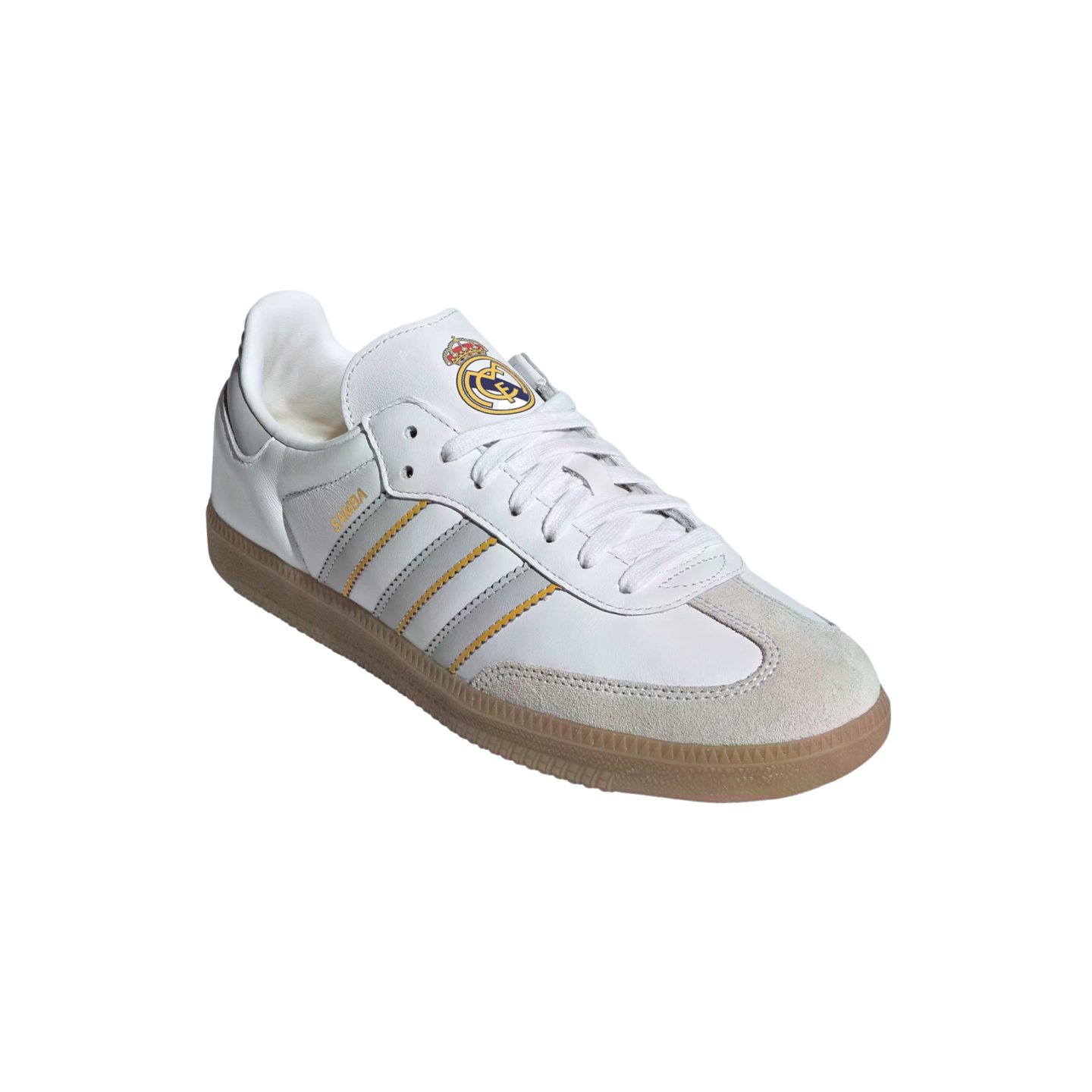 White Adidas Samba sneaker with a Real Madrid crest on the tongue, gum sole, and light blue stripes with yellow borders, set against a white background.
