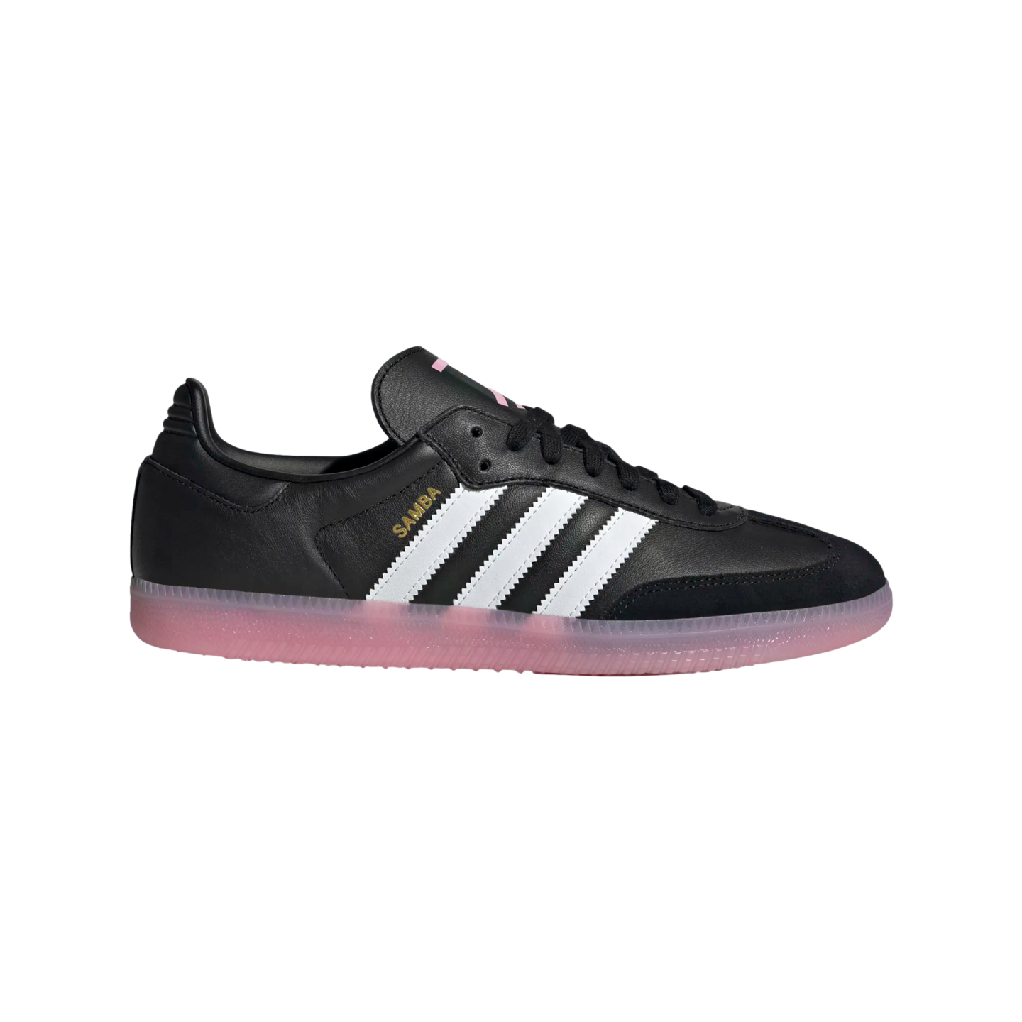 Profile view of a black Adidas Samba sneaker featuring three white stripes, gold lettering, and a translucent pink gum sole on a white background.