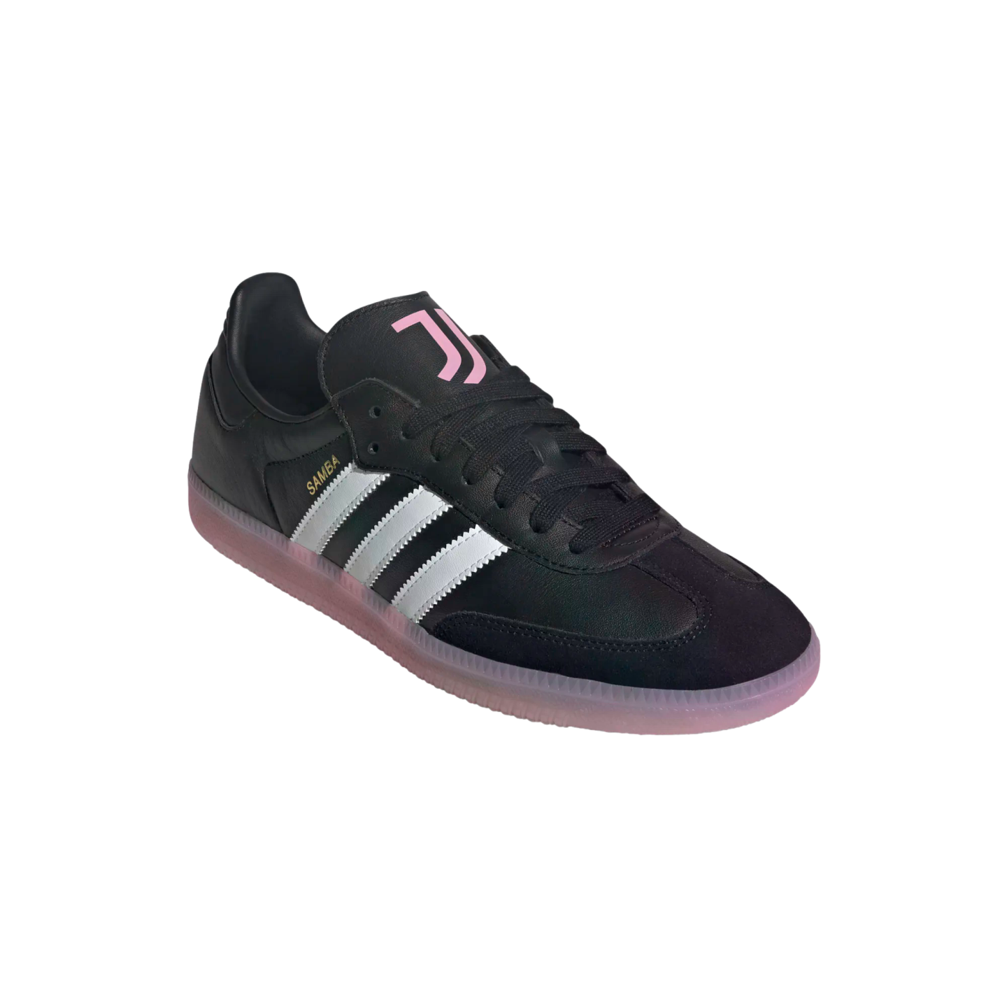 A black Adidas Samba Juventus sneaker featuring silver stripes, a pink tongue logo, and a translucent pink sole against a white background.