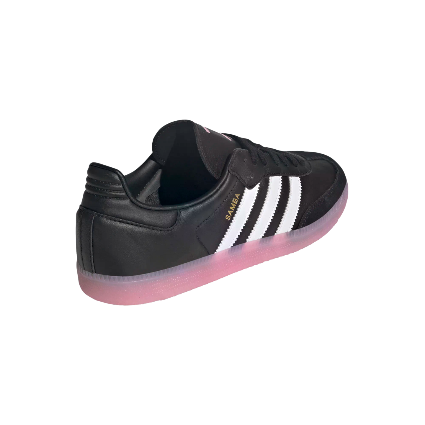 Rear-three-quarter view of an Adidas Samba sneaker featuring a black leather upper with three white stripes and a translucent pink gum sole.