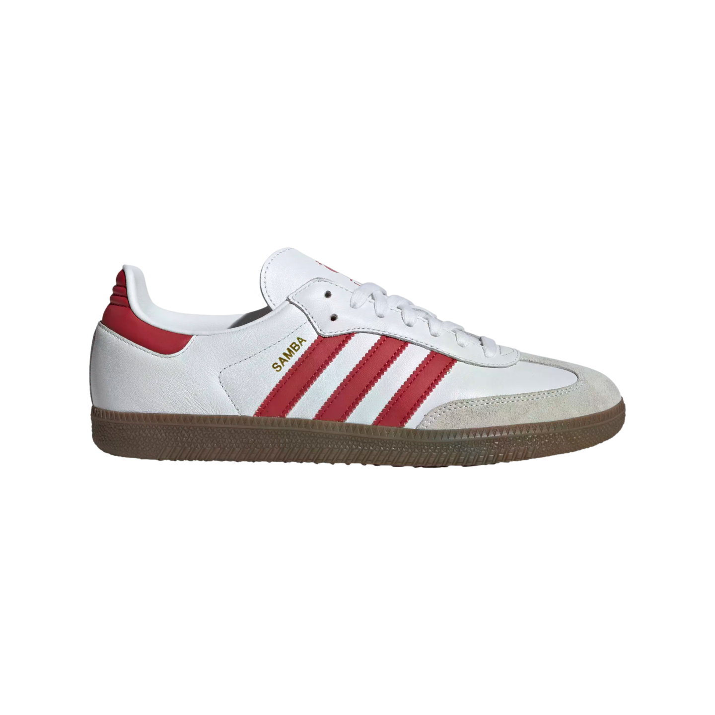 Side profile of a white Adidas Samba sneaker with red stripes, grey suede toe, and gum sole against a black background.