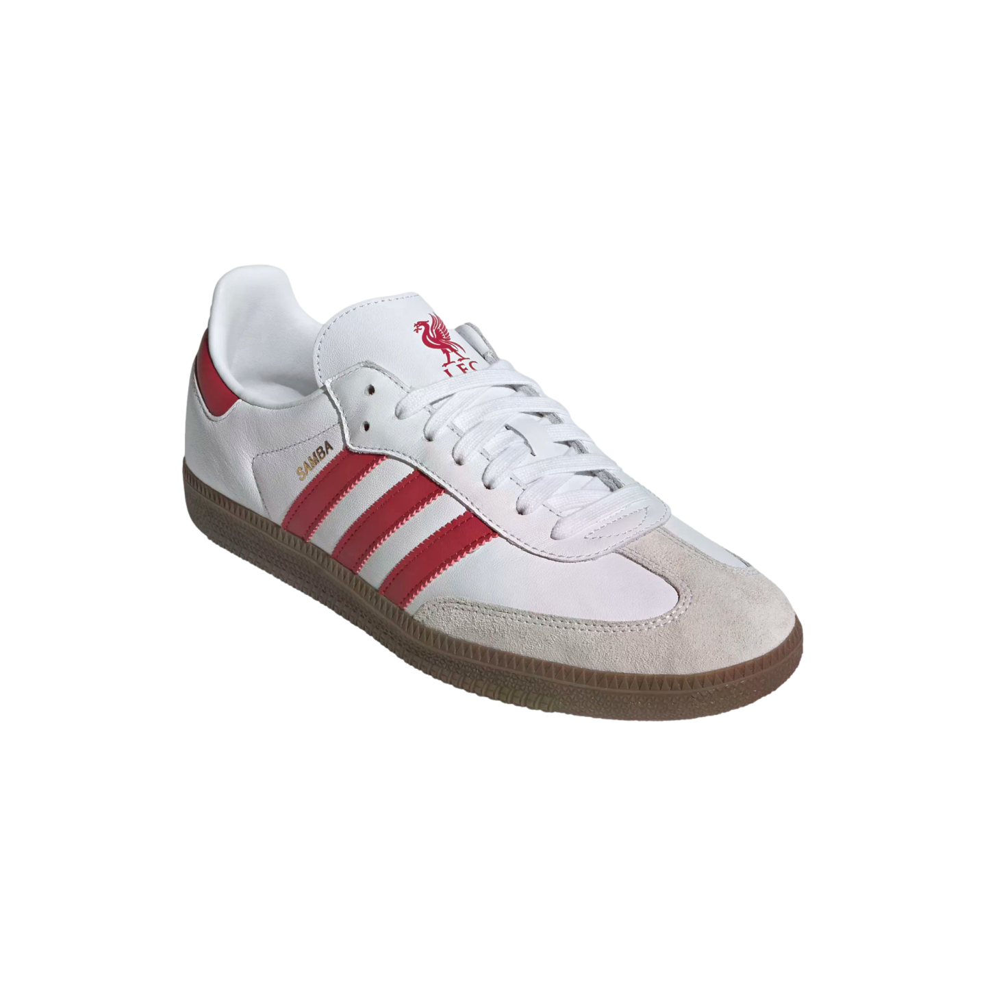 A white Adidas Samba sneaker with red stripes, a grey suede toe, a gum sole, and a red Liverpool FC crest on the tongue.