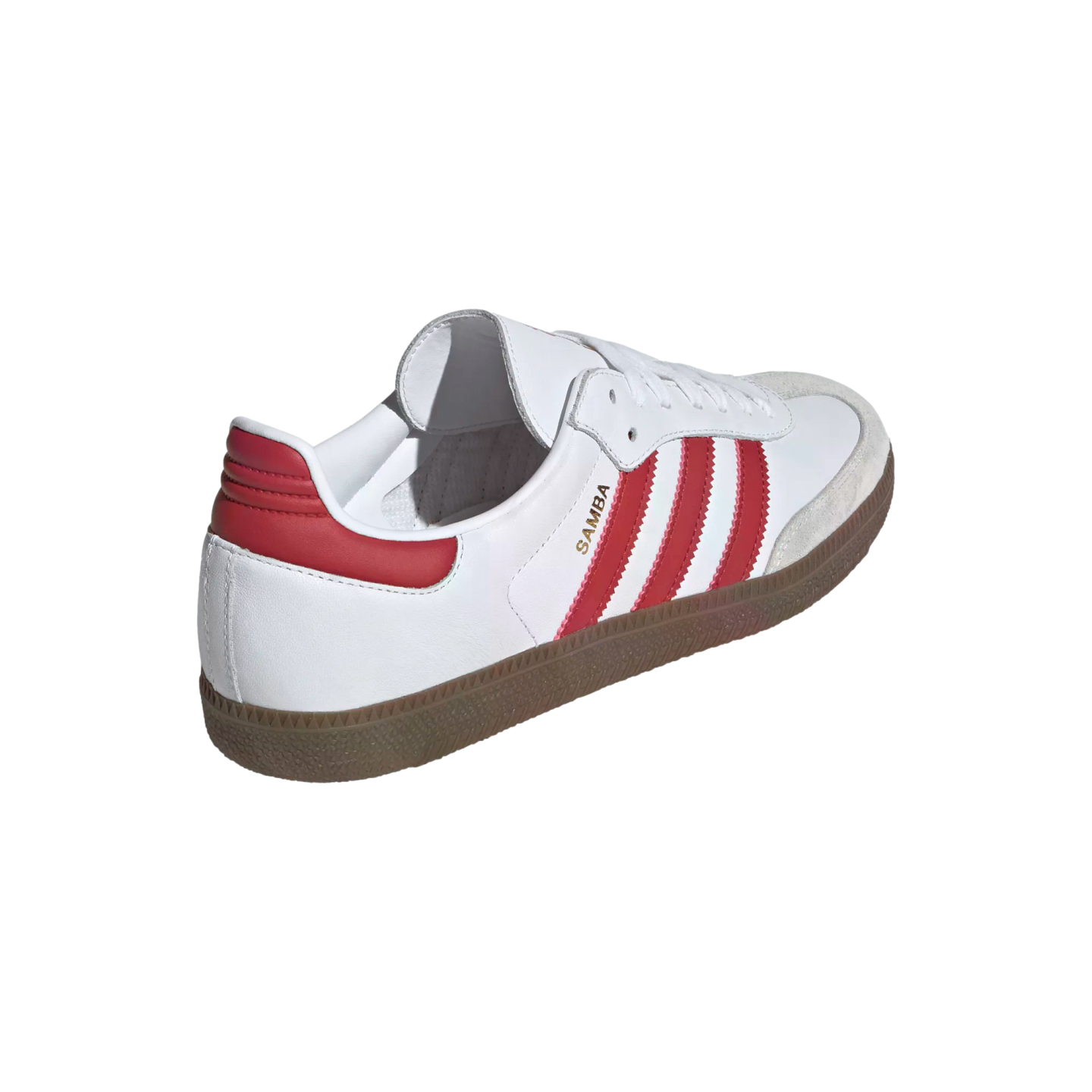 White Adidas Samba sneaker with red stripes and heel tab, gold "SAMBA" text, and a gum rubber sole, shown from a rear angle against a black background.