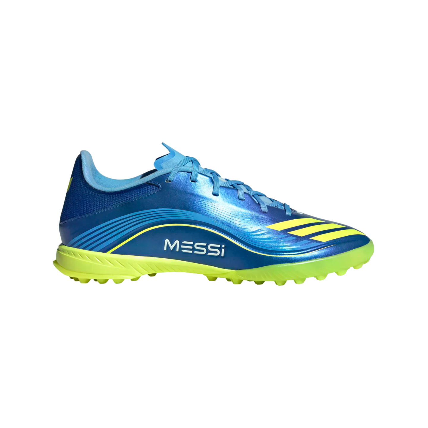 Side profile of a blue Adidas Messi soccer turf shoe with yellow accents, yellow studded sole, and "MESSI" branding on the side, against a black background.